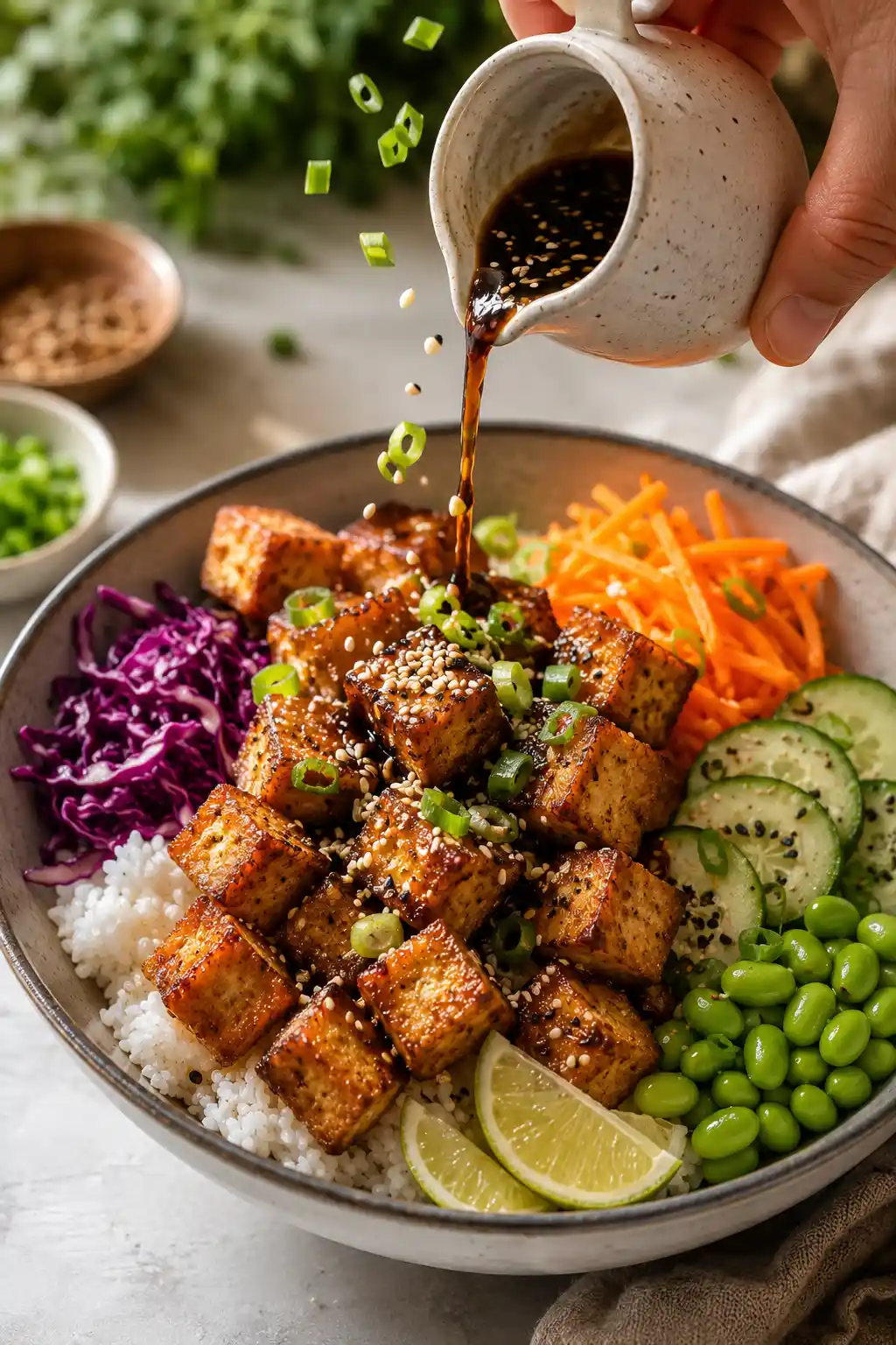 Golden crispy tofu rice bowl topped with sesame soy sauce, green onions, sesame seeds, shredded carrots, purple cabbage, cucumber, edamame, white rice, and fresh lime wedges in a healthy high-protein vegan meal.