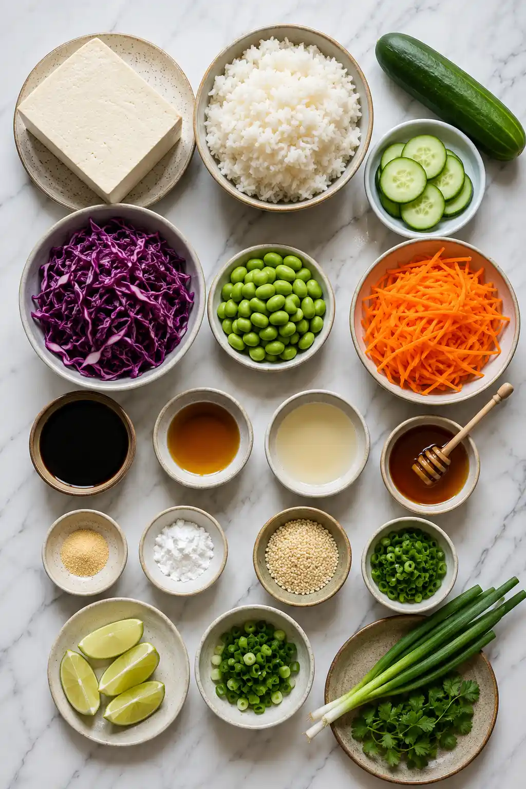 Flat lay of crispy tofu rice bowl ingredients including firm tofu, cooked white rice, purple cabbage, shredded carrots, cucumber, edamame, soy sauce, sesame oil, rice vinegar, honey, sesame seeds, green onions, cilantro, and fresh lime.