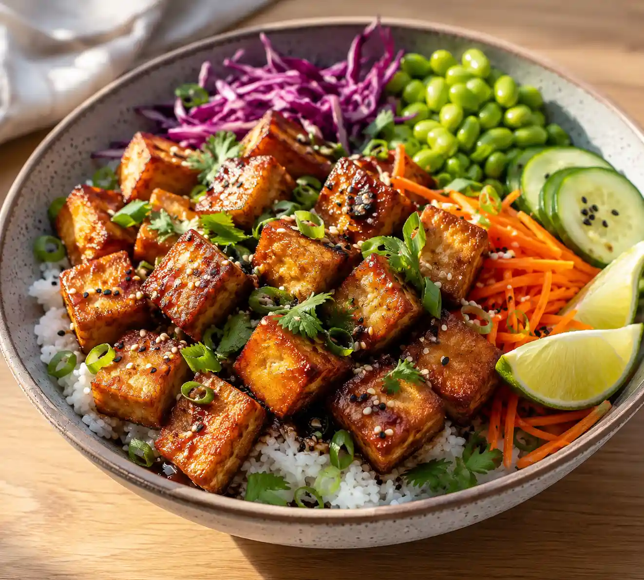 Healthy crispy tofu rice bowl featuring golden pan-fried tofu, fluffy white rice, purple cabbage, shredded carrots, cucumber slices, edamame, fresh cilantro, sesame seeds, green onions, and lime for an easy vegan dinner.