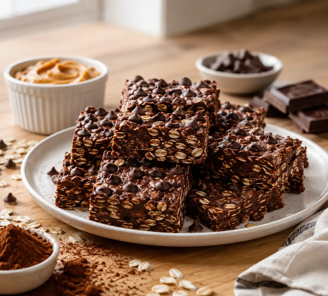 No-Bake Chocolate Oatmeal Bars peanut butter oatmeal bars stacked on a white plate with chocolate chips, rolled oats, cocoa powder, peanut butter, and dark chocolate for an easy healthy dessert recipe.
