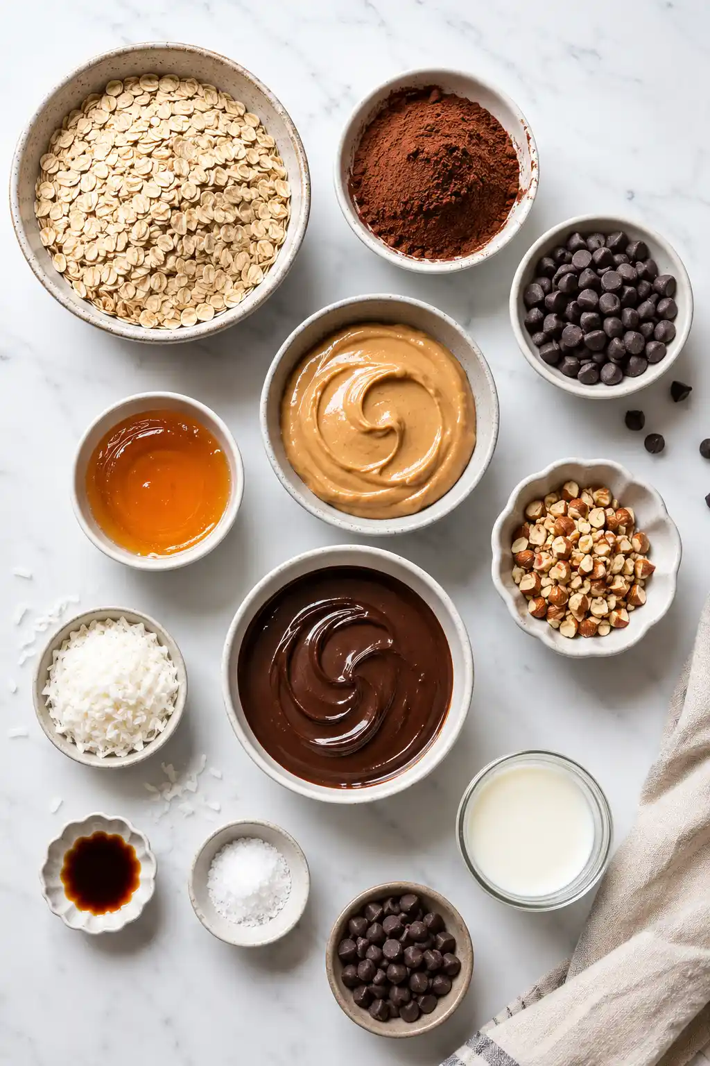 Flat lay of ingredients for no bake chocolate peanut butter oatmeal bars including rolled oats, peanut butter, cocoa powder, chocolate chips, honey, vanilla extract, coconut, chopped nuts, milk, and melted chocolate.
