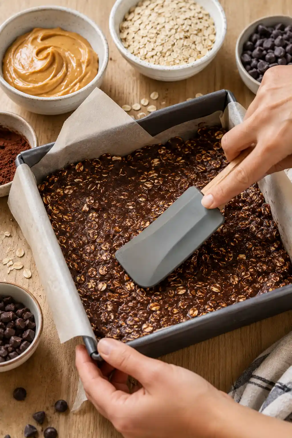 Chocolate peanut butter oatmeal mixture being pressed into a parchment lined baking pan with a spatula, showing an easy no bake dessert recipe before chilling and slicing.