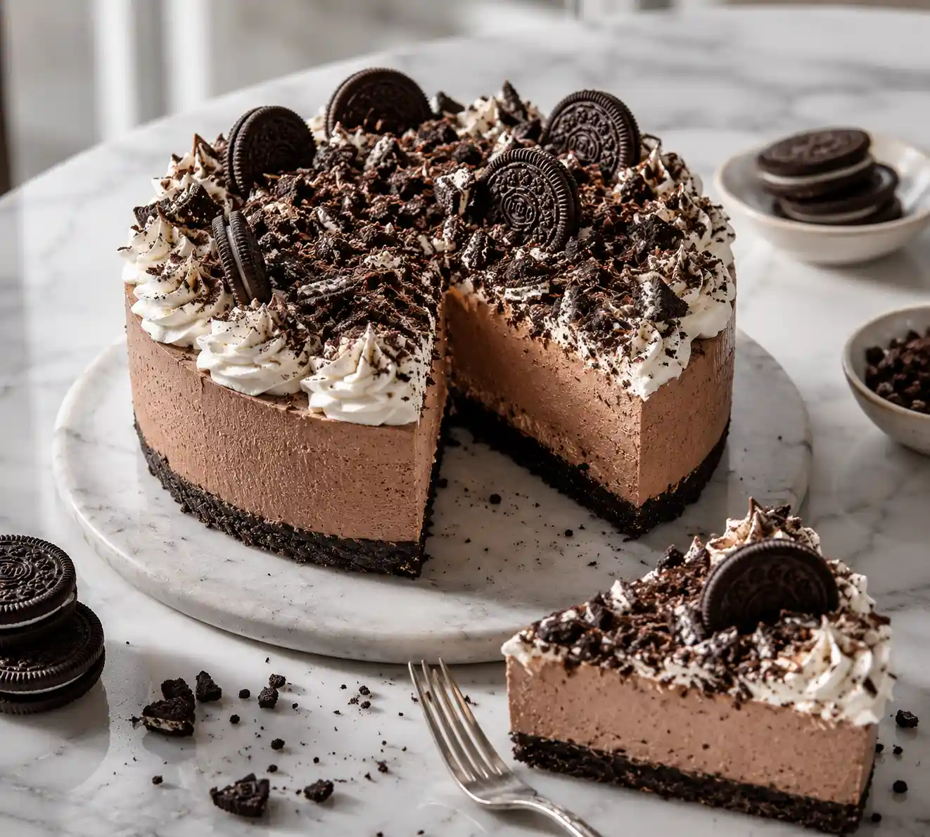 Creamy No-Bake Oreo Mousse Cake topped with whipped cream, crushed Oreo cookies, chocolate shavings, and whole Oreo cookies on a marble cake stand with a sliced piece served on the side.