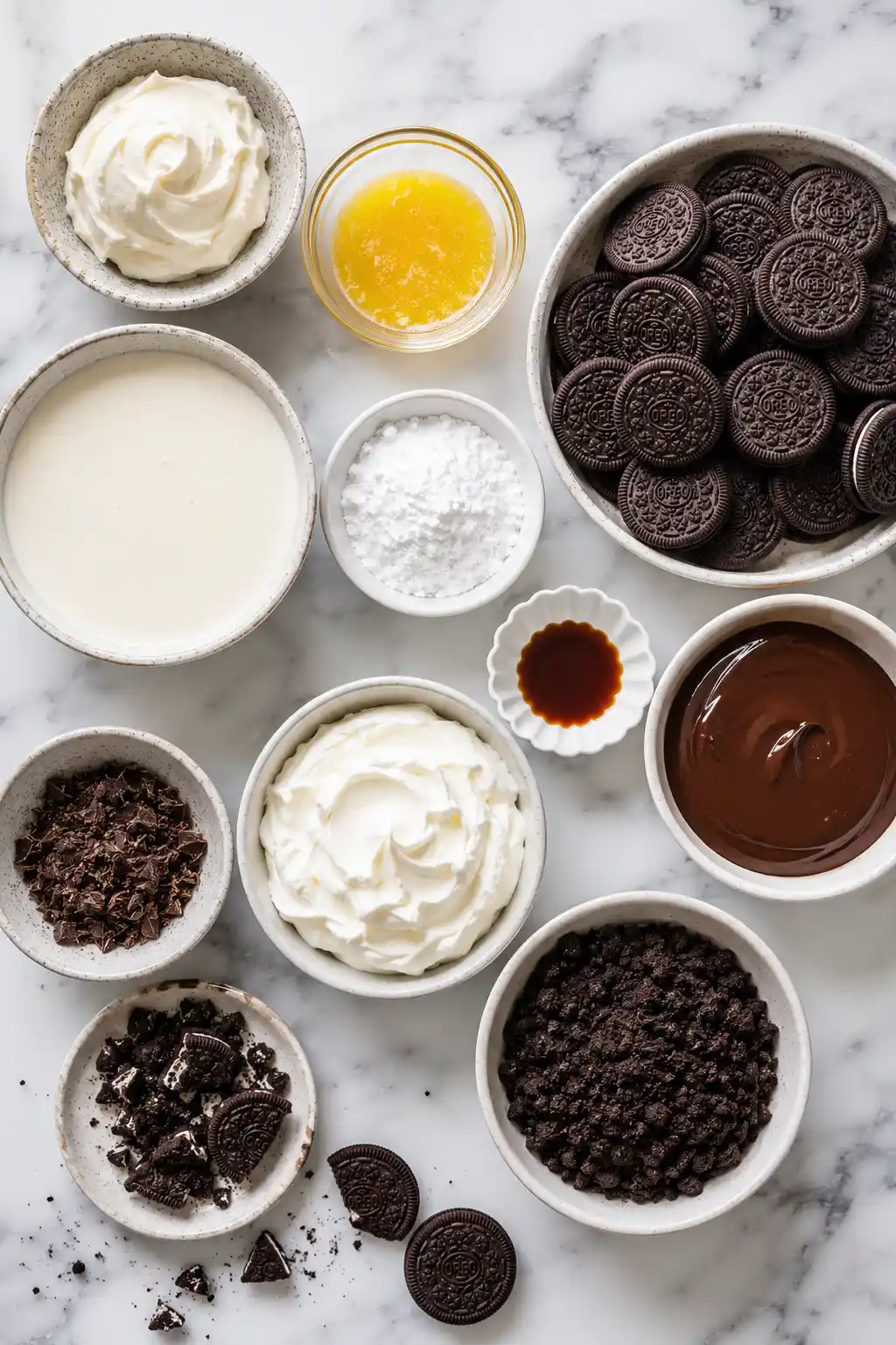 Flat lay of ingredients for no bake Oreo cheesecake including Oreo cookies, cream cheese, heavy cream, melted butter, powdered sugar, vanilla extract, chocolate ganache, and crushed Oreo cookies.