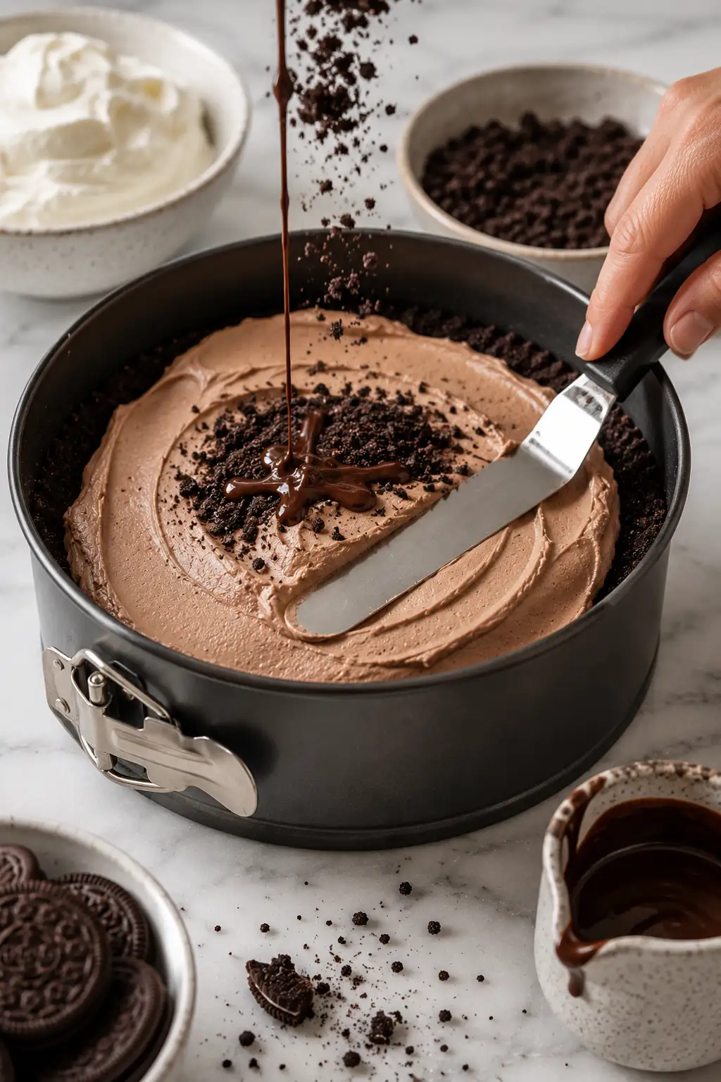 Preparing a no bake Oreo cheesecake by spreading creamy chocolate cheesecake filling into an Oreo cookie crust and topping with melted chocolate and crushed Oreo cookies.