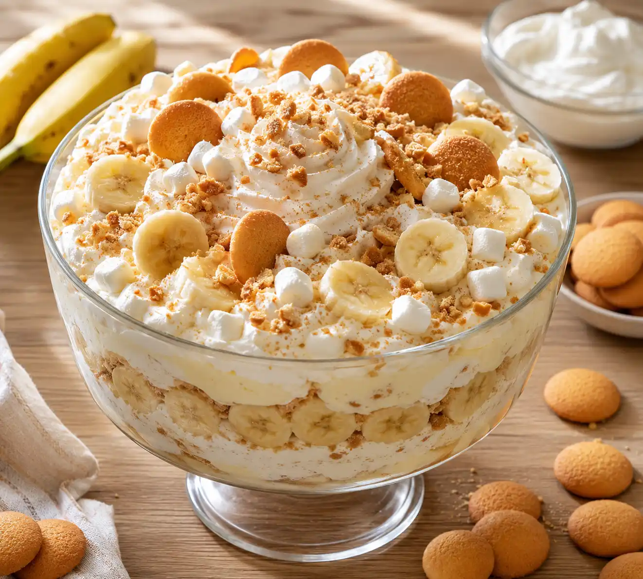 No-Bake Banana Pudding Fluff dessert layered with fresh banana slices, vanilla wafers, whipped topping, mini marshmallows, and crushed vanilla cookies in a large glass trifle bowl.
