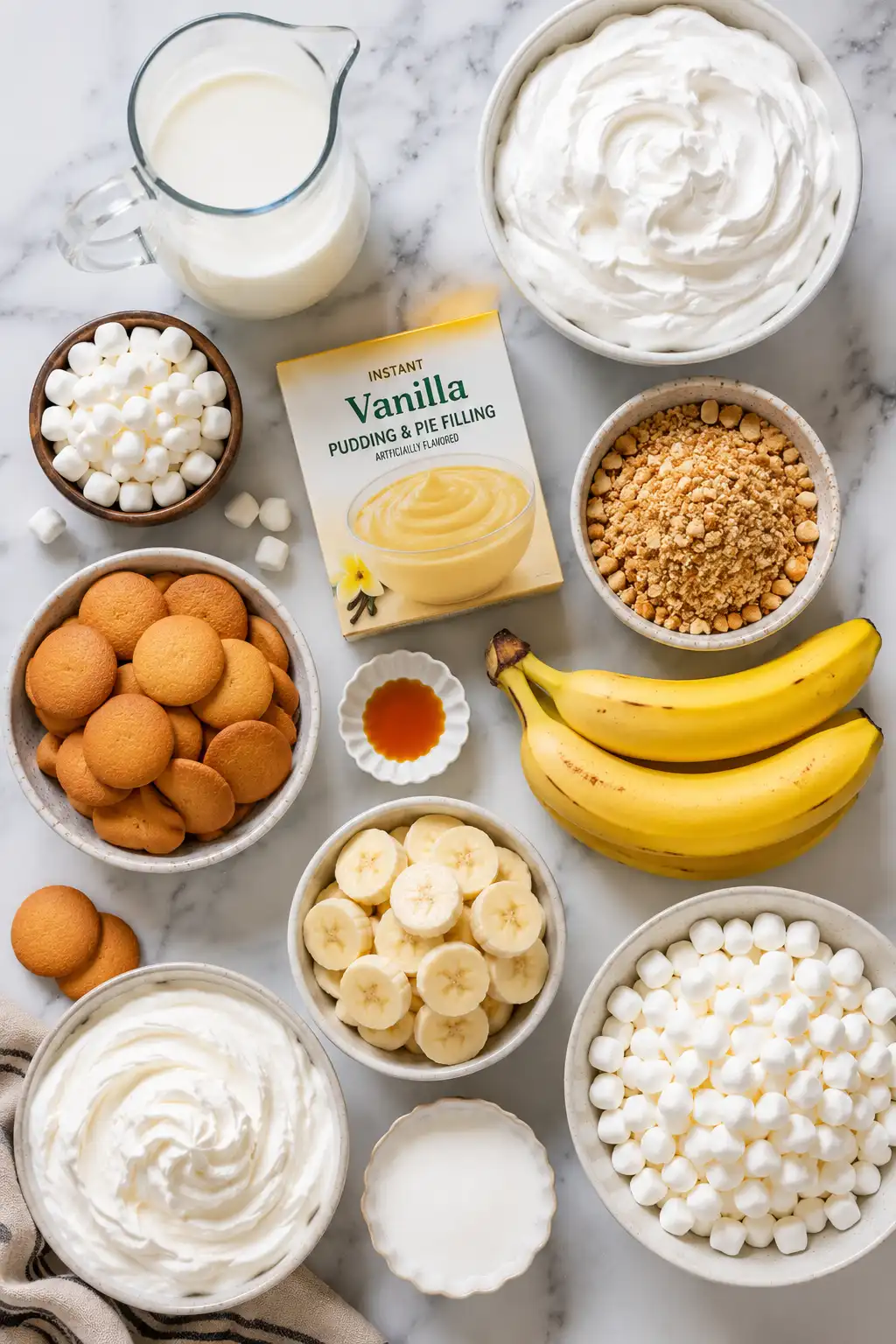 Flat lay of banana pudding fluff ingredients including vanilla pudding mix, whipped topping, whipped cream, bananas, vanilla wafers, mini marshmallows, milk, vanilla extract, and crushed vanilla cookies.