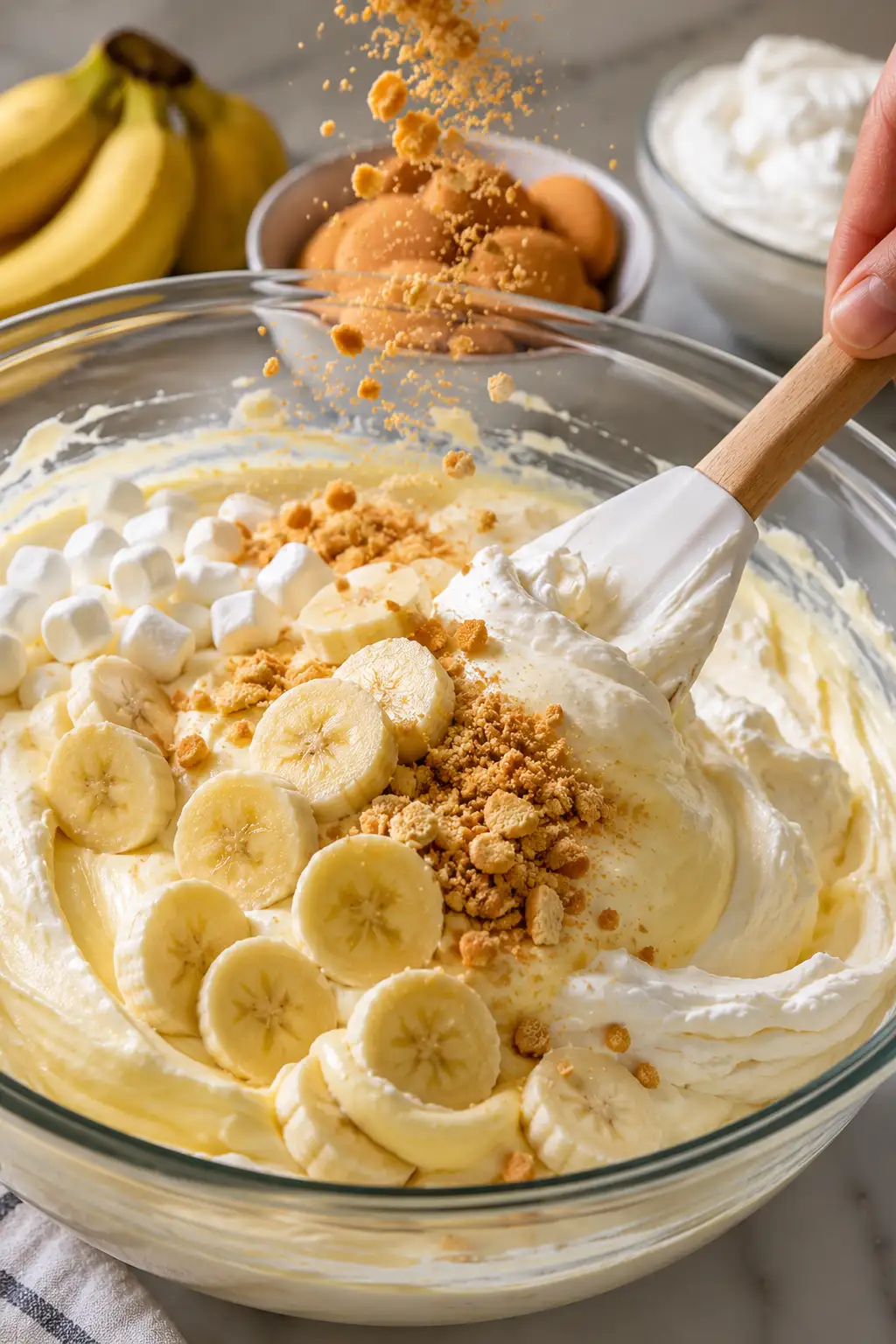 Mixing banana pudding fluff with vanilla pudding, whipped topping, banana slices, mini marshmallows, and crushed vanilla wafers in a large glass bowl before chilling.