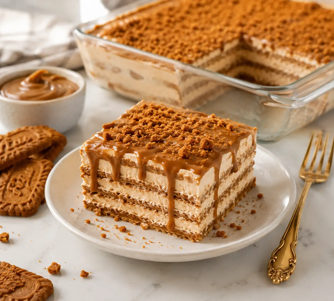 Creamy No-Bake Biscoff Icebox Cake layered with Lotus Biscoff cookies, whipped cheesecake filling, cookie butter drizzle, and crushed Biscoff crumbs, served as a chilled slice.