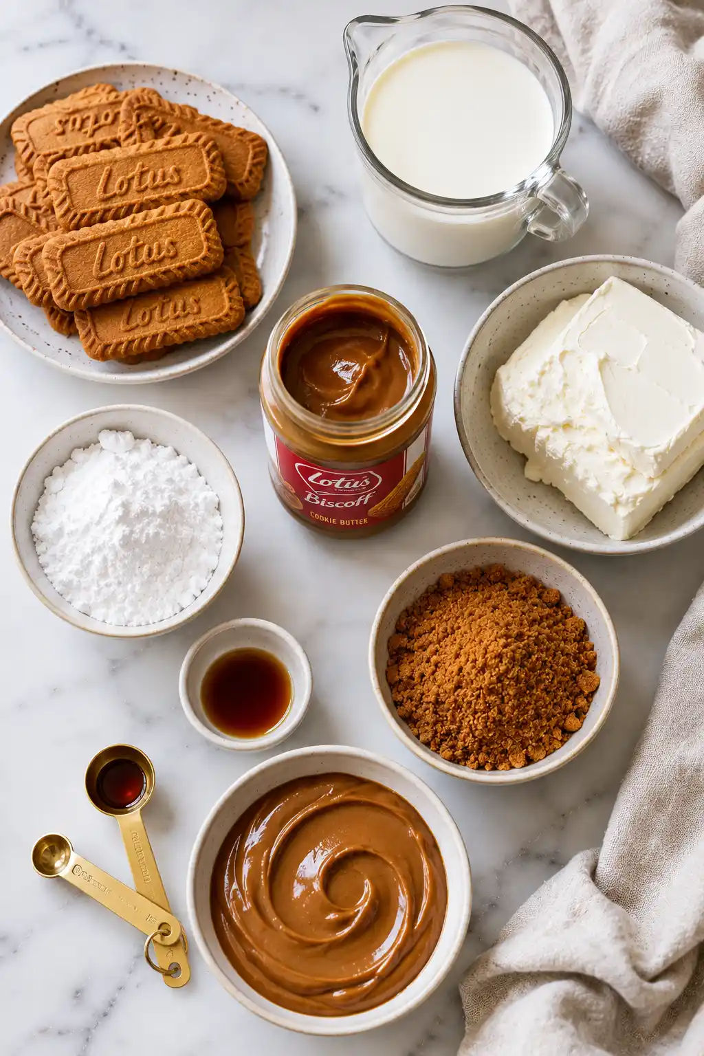 Flat lay of no bake Biscoff dessert ingredients including Lotus Biscoff cookies, cookie butter, cream cheese, milk, powdered sugar, vanilla extract, crushed cookies, and whipped topping.