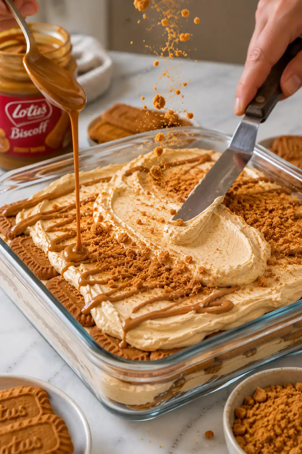 Spreading creamy Biscoff cheesecake filling over layers of Lotus Biscoff cookies in a glass baking dish while drizzling cookie butter and sprinkling crushed Biscoff crumbs.