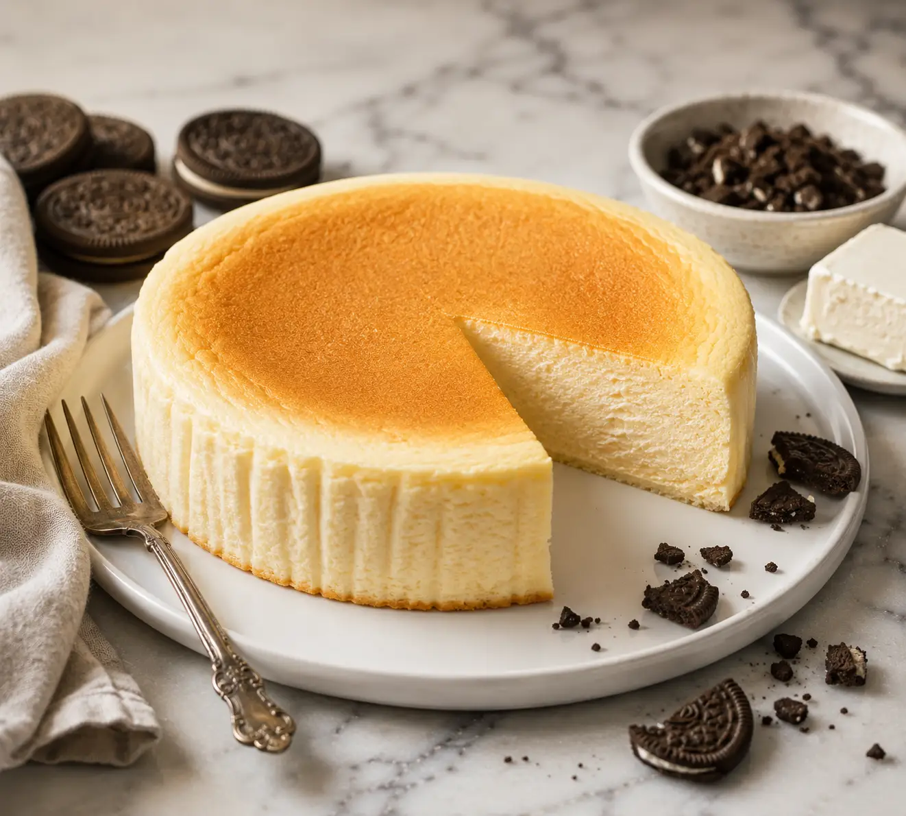 Light and fluffy 2-Ingredient Japanese Cookie Cheesecake with a creamy texture, golden top, and Oreo cookie crust, served with a slice removed on a white dessert plate.