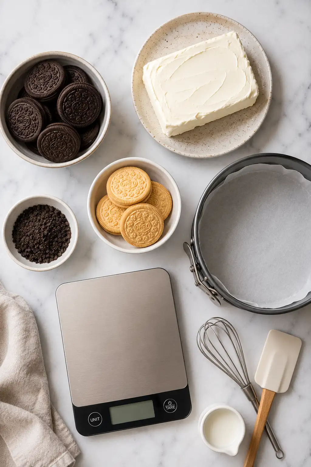Flat lay of Japanese cheesecake ingredients and baking tools including cream cheese, Oreo cookies, vanilla sandwich cookies, springform pan, kitchen scale, whisk, spatula, and parchment paper.