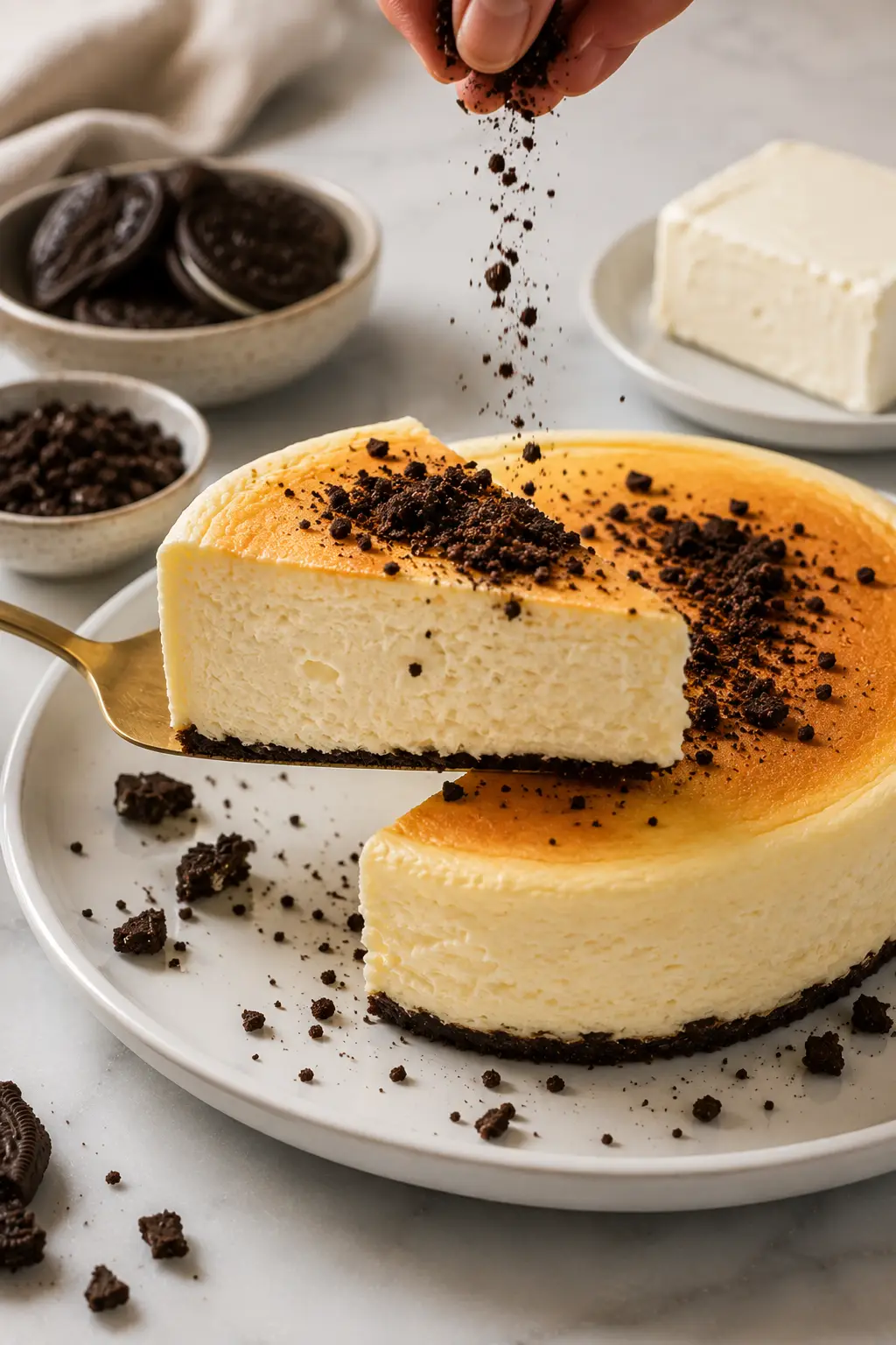 Sprinkling crushed Oreo cookie crumbs over a freshly baked Japanese cheesecake with an Oreo crust before serving for added chocolate crunch.