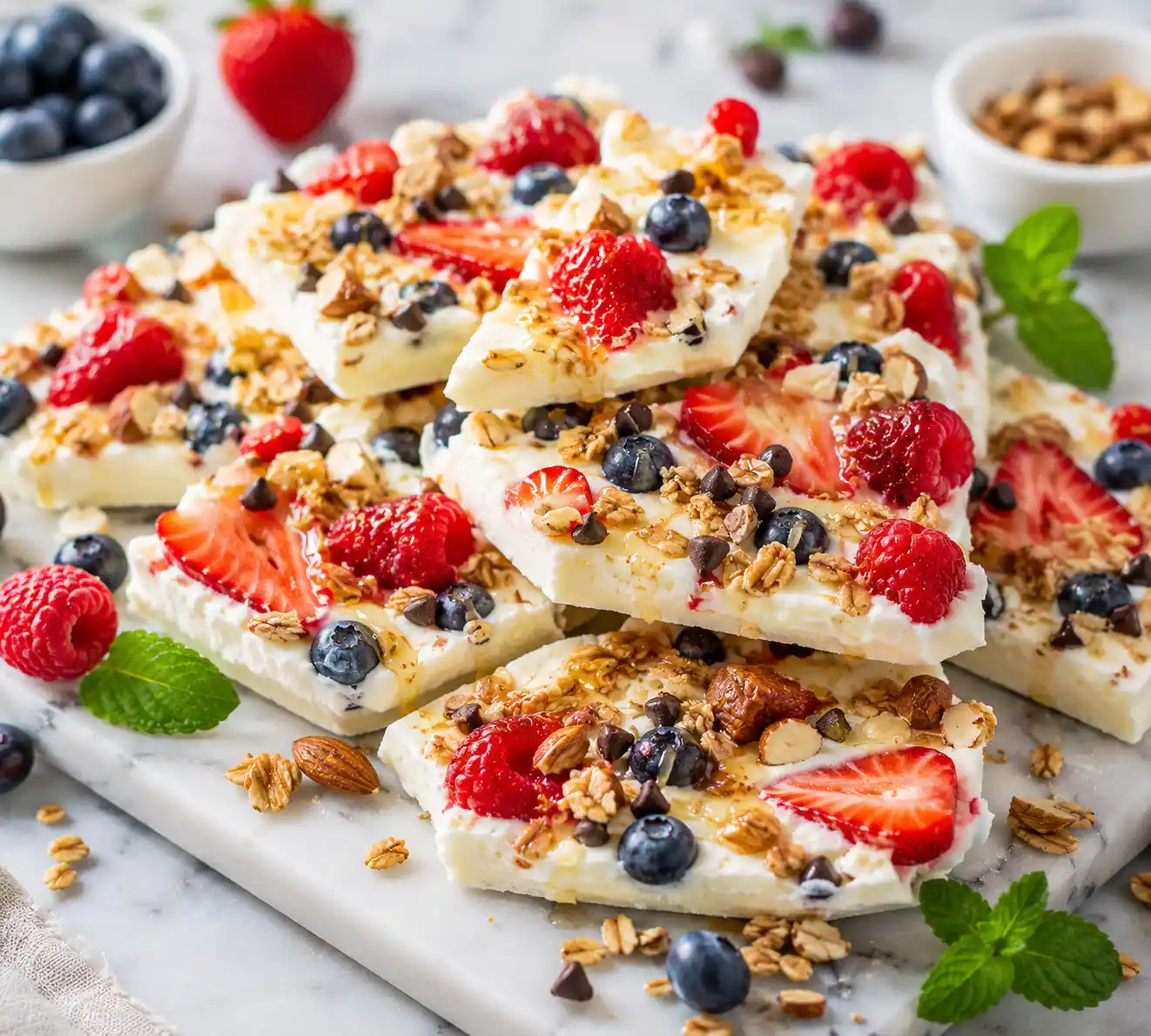 Frozen Yogurt Protein Bark topped with fresh strawberries, blueberries, raspberries, granola, mini chocolate chips, almonds, and a drizzle of honey, broken into healthy snack pieces.