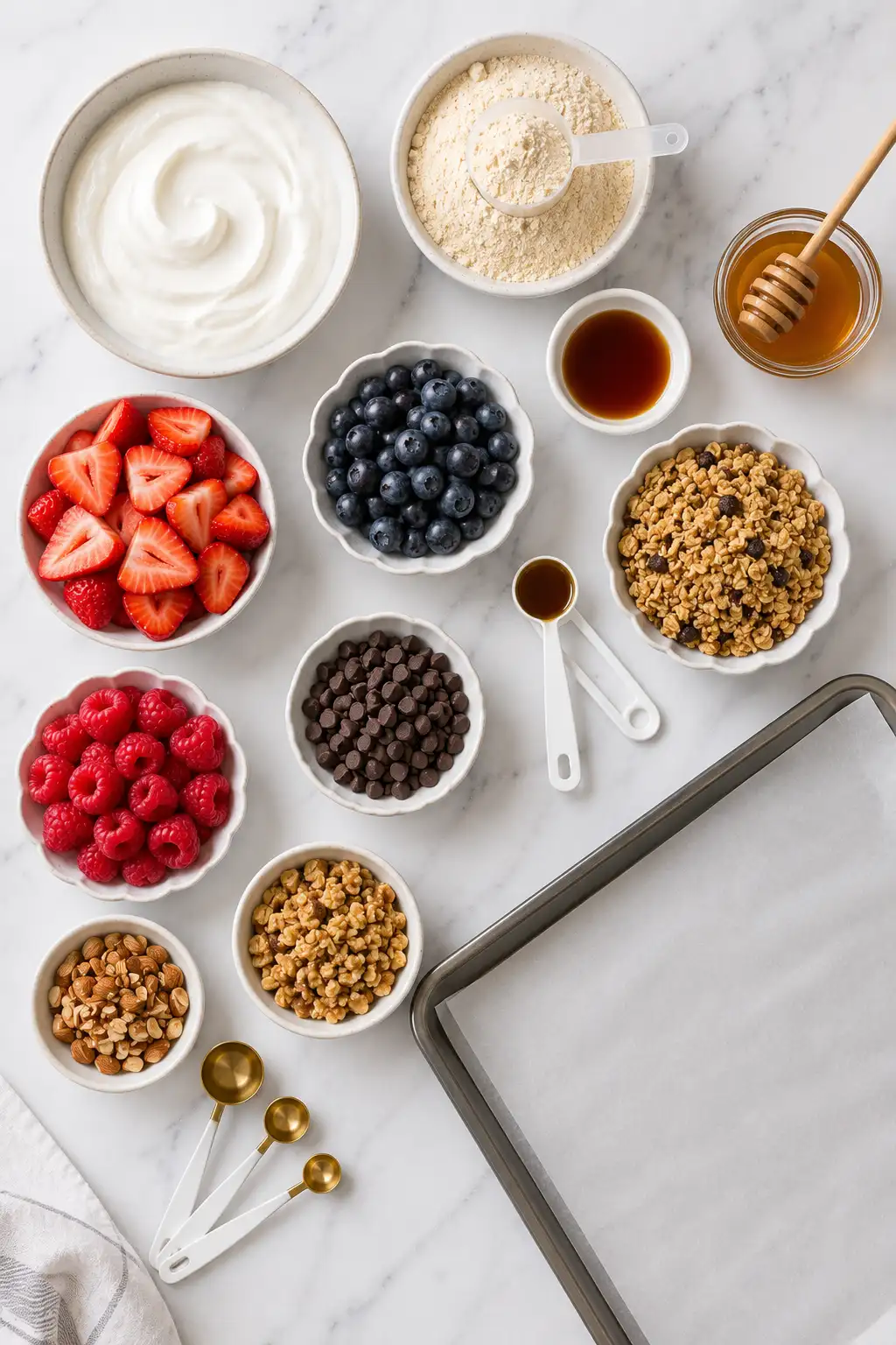 Flat lay of frozen yogurt bark ingredients including Greek yogurt, strawberries, blueberries, raspberries, granola, chocolate chips, almonds, honey, vanilla extract, and a parchment-lined baking tray.
