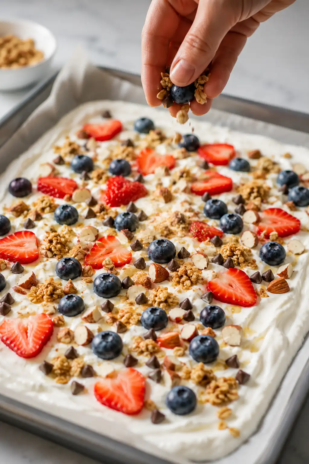 Sprinkling granola and fresh blueberries over creamy yogurt spread with strawberries, chocolate chips, and almonds before freezing into yogurt bark.