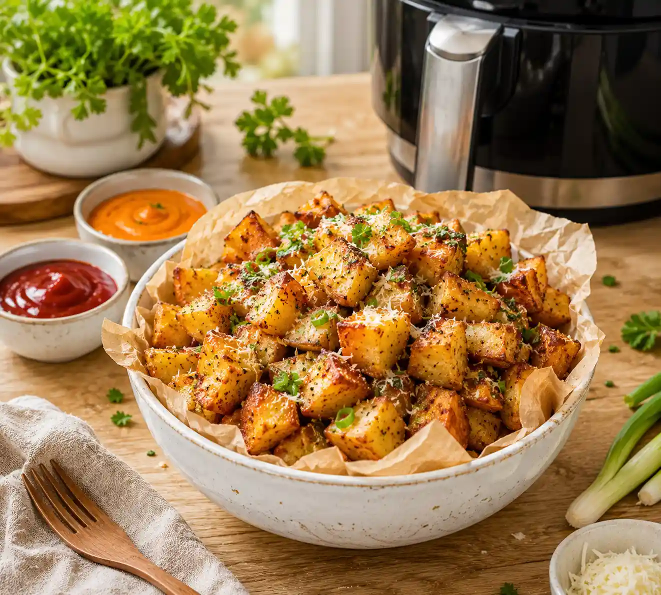 Golden Crispy Air Fryer Breakfast Potatoes served in a bowl with grated Parmesan cheese, chopped parsley, green onions, ketchup, spicy dipping sauce, and an air fryer in the background.