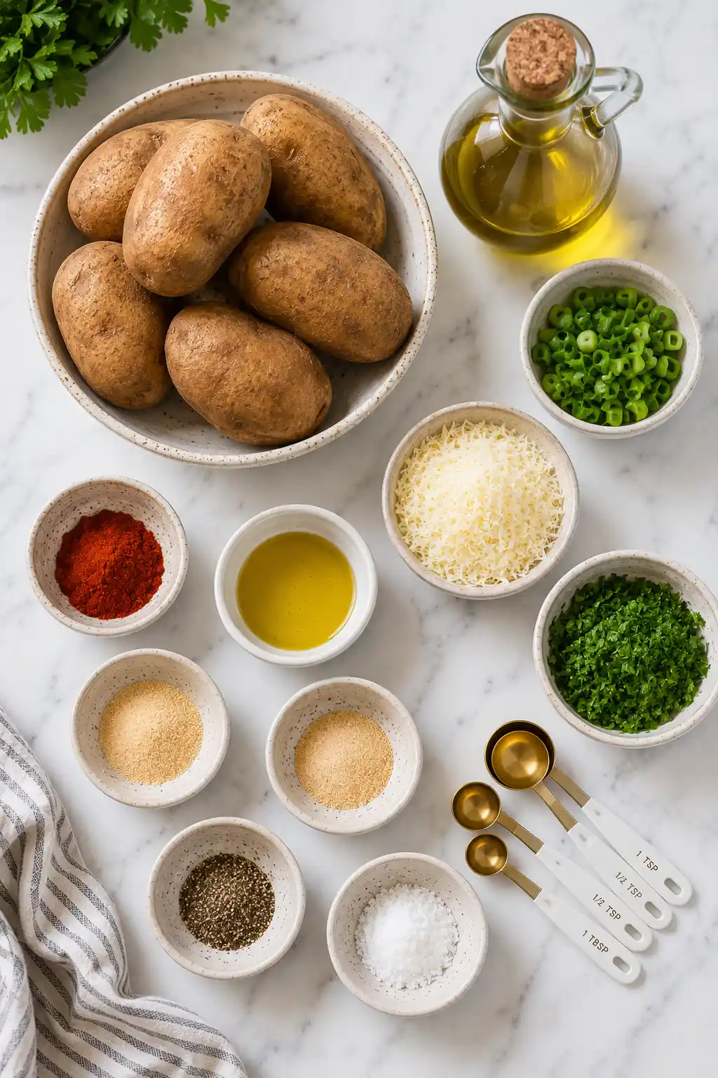 Flat lay of air fryer potato ingredients including russet potatoes, olive oil, Parmesan cheese, paprika, garlic powder, onion powder, salt, black pepper, parsley, green onions, and measuring spoons.