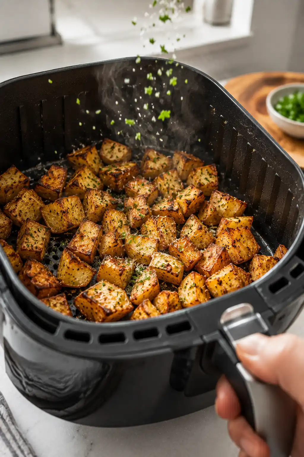 Crispy air fryer diced potatoes seasoned with garlic, paprika, black pepper, parsley, and grated Parmesan cheese inside an air fryer basket with fresh herbs being sprinkled over the top.