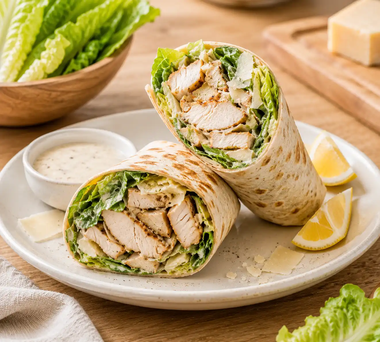 Homemade High-Protein Chicken Caesar Wrap sliced in half and filled with juicy grilled chicken, crisp romaine lettuce, creamy Caesar dressing, shaved Parmesan cheese, and crunchy croutons, served with lemon wedges.