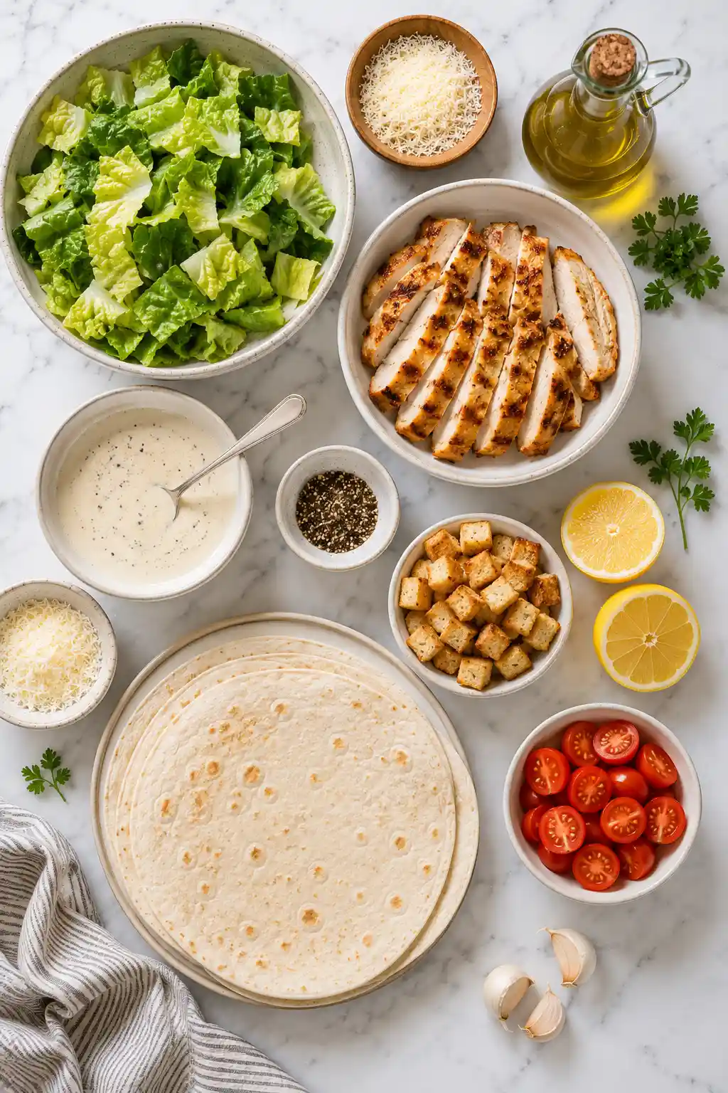 Flat lay of chicken Caesar wrap ingredients including flour tortillas, grilled chicken breast, chopped romaine lettuce, Caesar dressing, Parmesan cheese, croutons, cherry tomatoes, garlic, olive oil, lemon, black pepper, and fresh parsley.