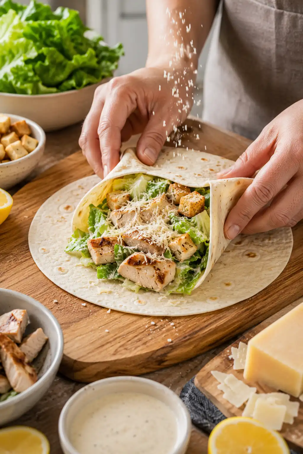 Fresh chicken Caesar wrap being assembled with grilled chicken, crisp romaine lettuce, crunchy croutons, creamy Caesar dressing, and freshly grated Parmesan cheese on a soft flour tortilla.