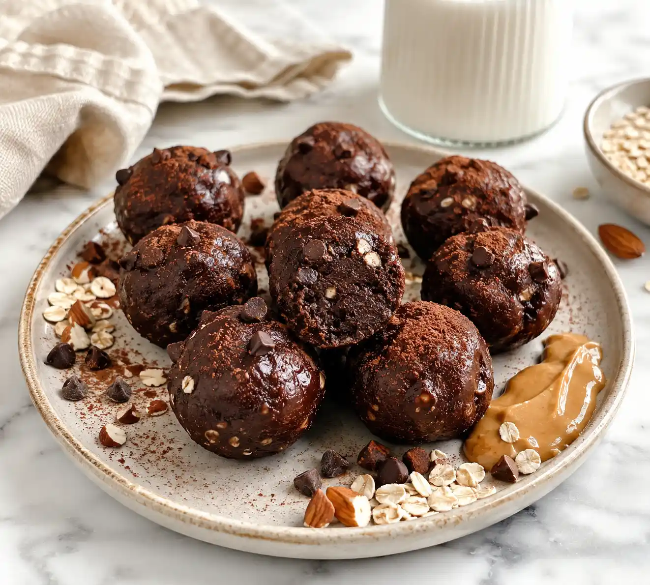 Protein Brownie Batter Bites with chocolate chips cocoa powder and peanut butter on a ceramic plate
