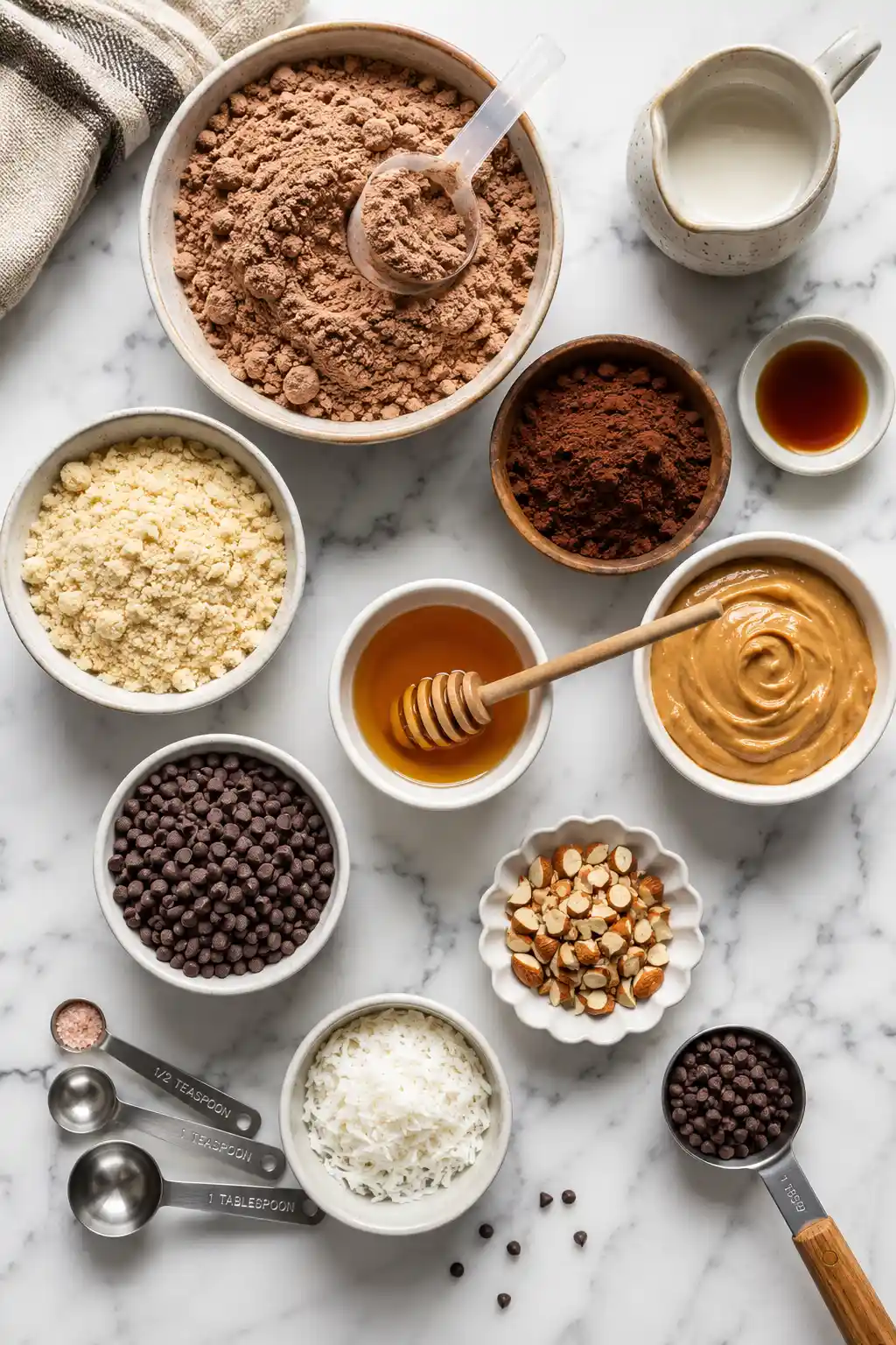 Flat lay of Protein Brownie Batter Bites ingredients including protein powder cocoa peanut butter almond flour and chocolate chips