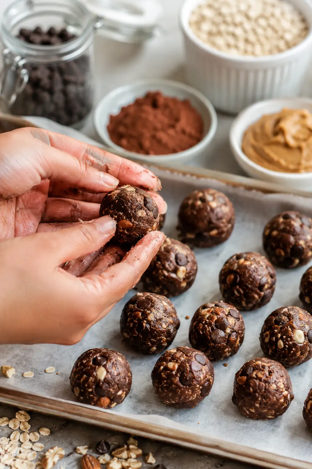 Rolling Protein Brownie Batter Bites with chocolate dough peanut butter cocoa powder and chocolate chips