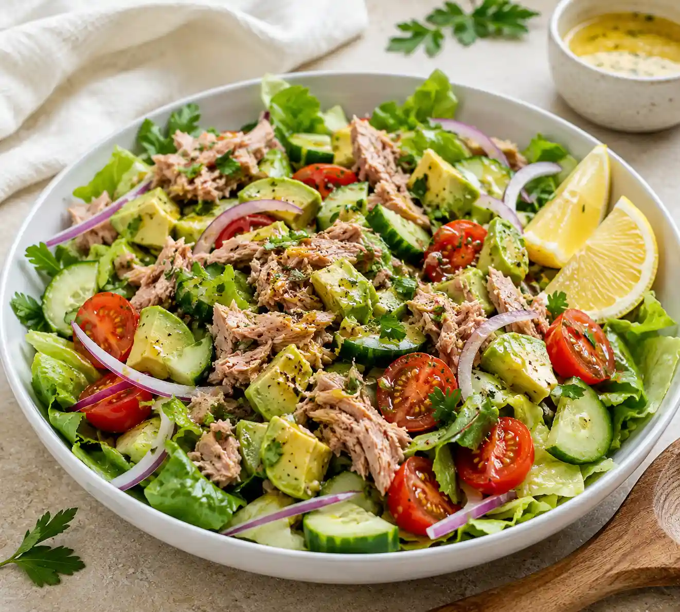 10-Minute Tuna Avocado Salad with tuna avocado cucumber tomatoes and lemon dressing