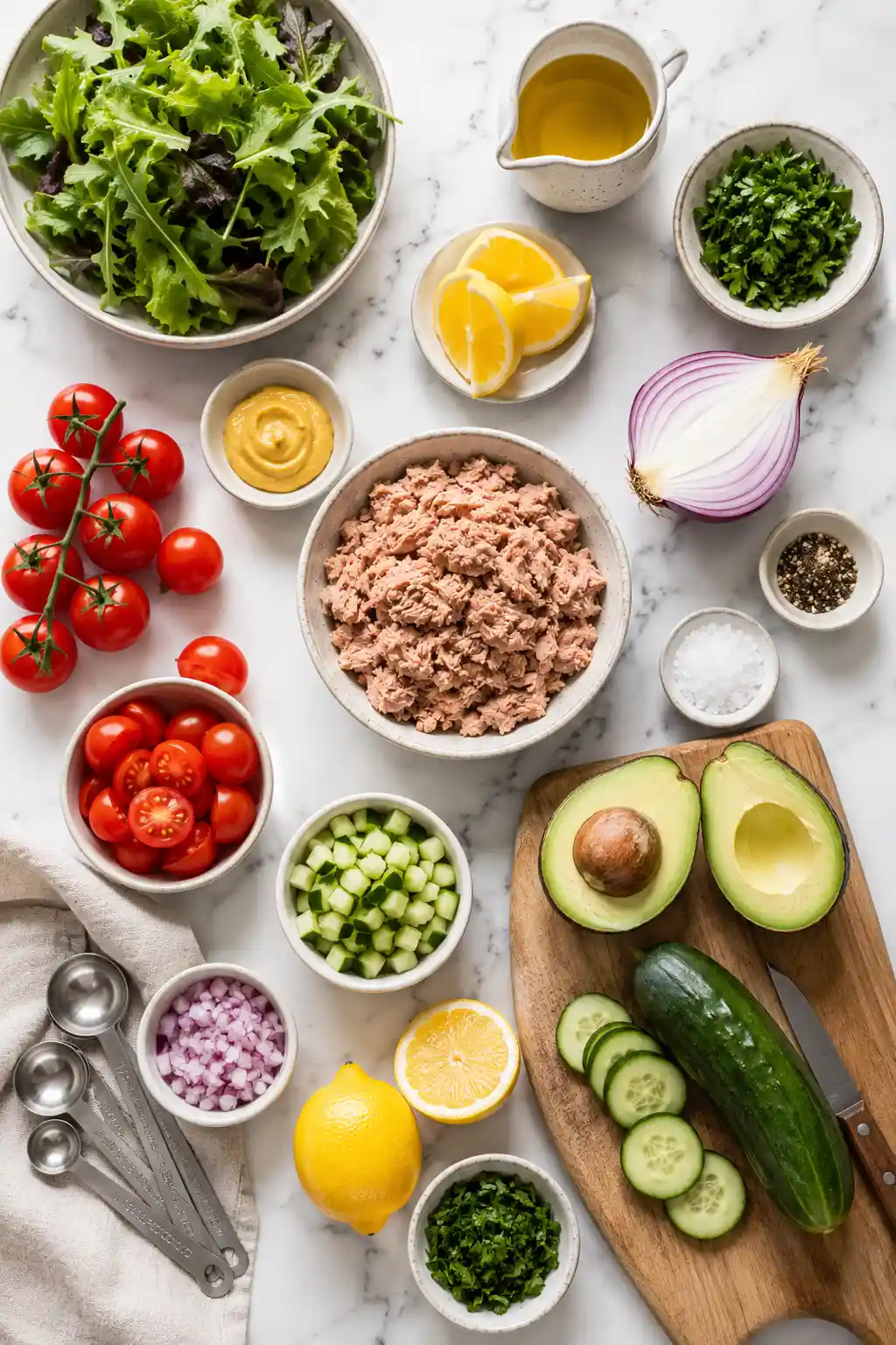 Ingredients for 10-Minute Tuna Avocado Salad including tuna avocado cucumber tomatoes lemon and olive oil