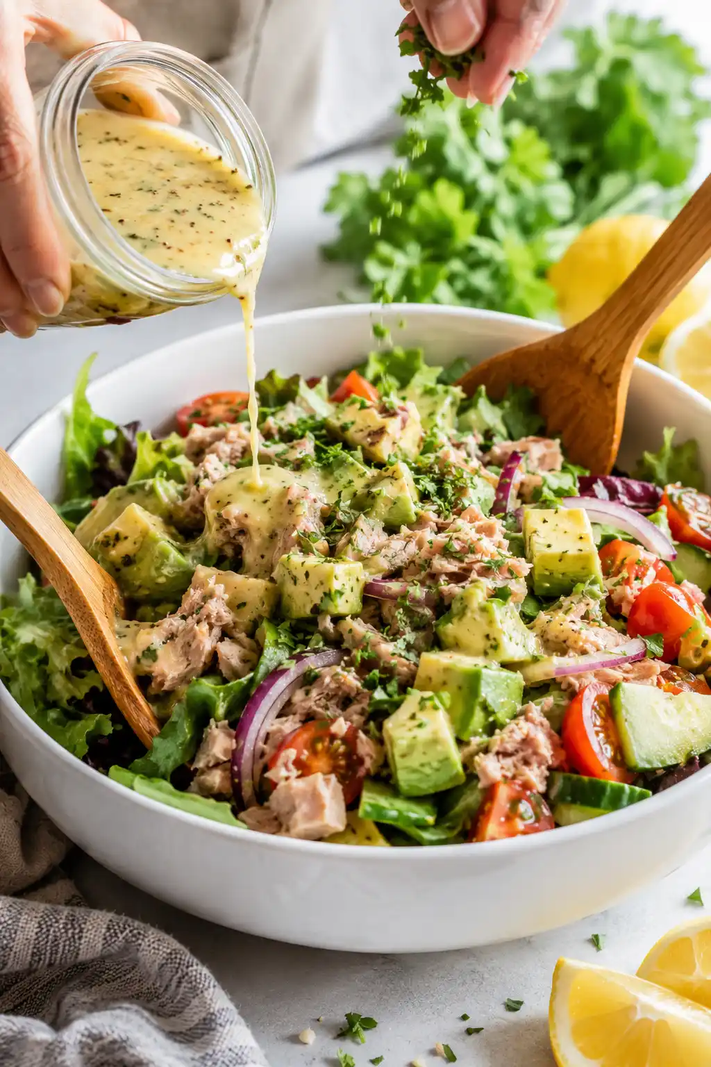 Fresh lemon dressing being poured over Tuna Avocado Salad with fresh vegetables