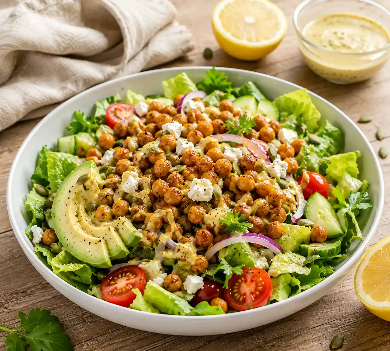 Crispy Chickpea Salad Bowl with roasted chickpeas, fresh vegetables, avocado, feta cheese, and homemade lemon dressing