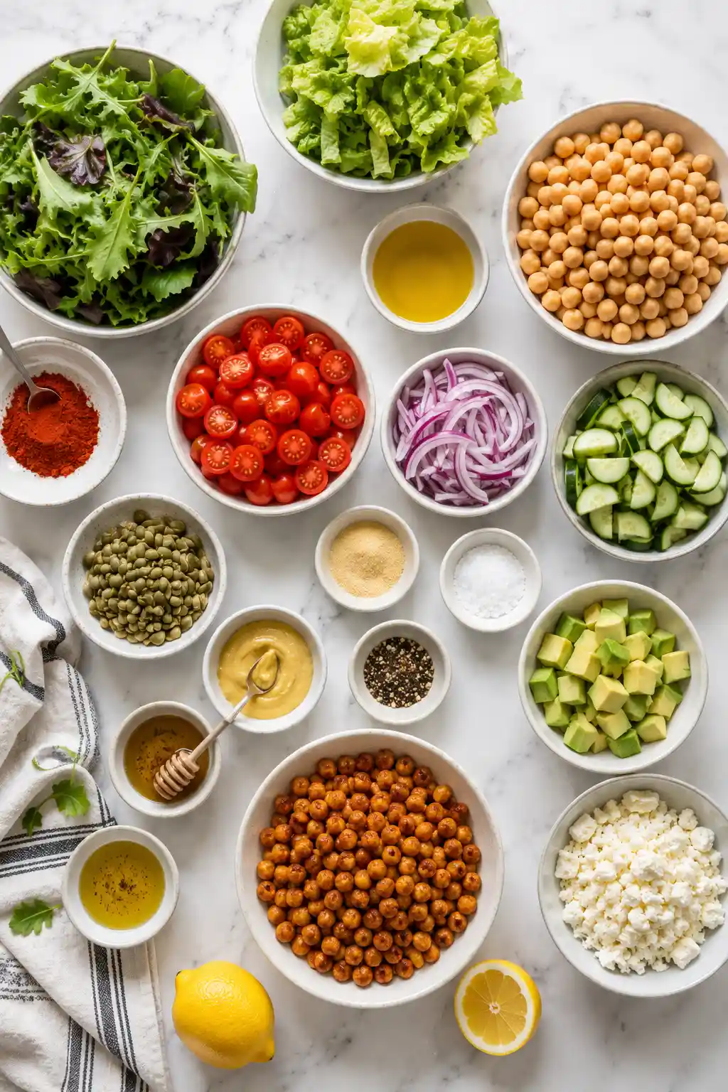 Flat lay ingredients for Crispy Chickpea Salad Bowl including roasted chickpeas, vegetables, feta cheese, avocado, and lemon dressing