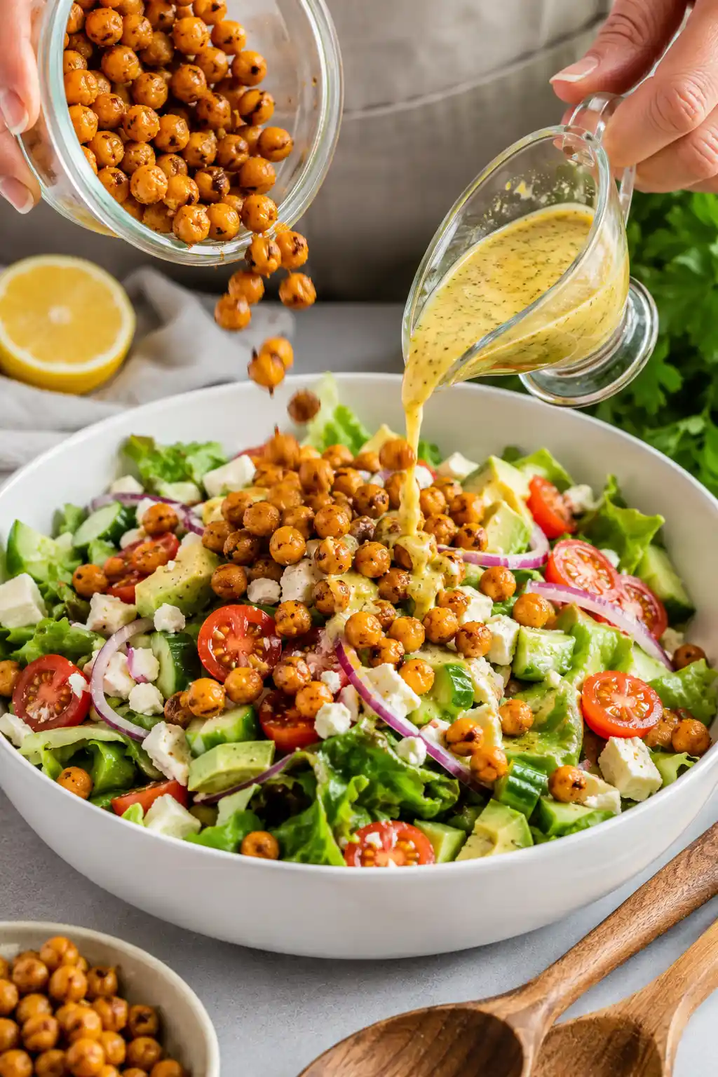 Crispy Chickpea Salad Bowl being assembled with roasted chickpeas and homemade lemon dressing