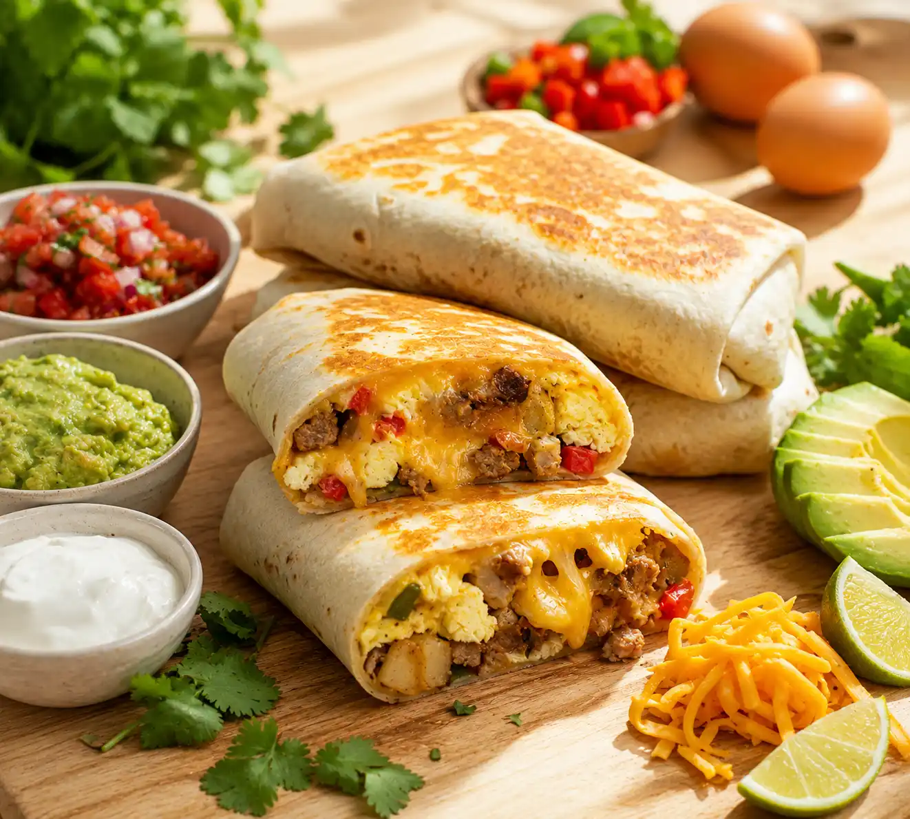 Make-Ahead Breakfast Burritos with eggs sausage potatoes cheddar cheese and vegetables on a wooden countertop