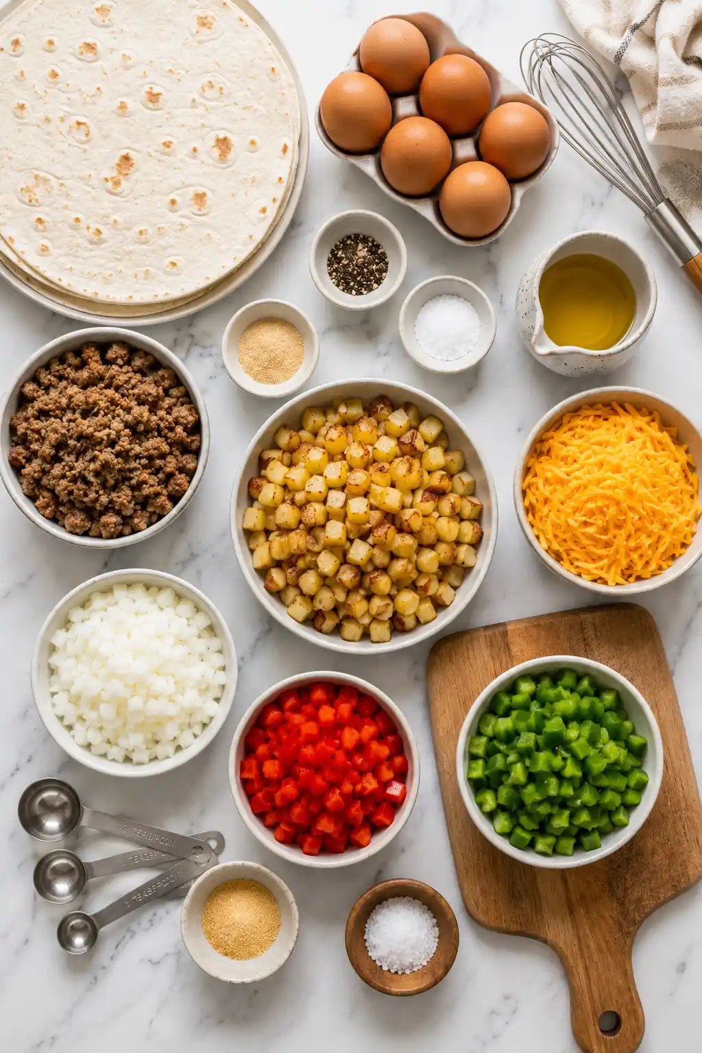 Flat lay ingredients for Make-Ahead Breakfast Burritos including eggs sausage potatoes cheese tortillas and vegetables