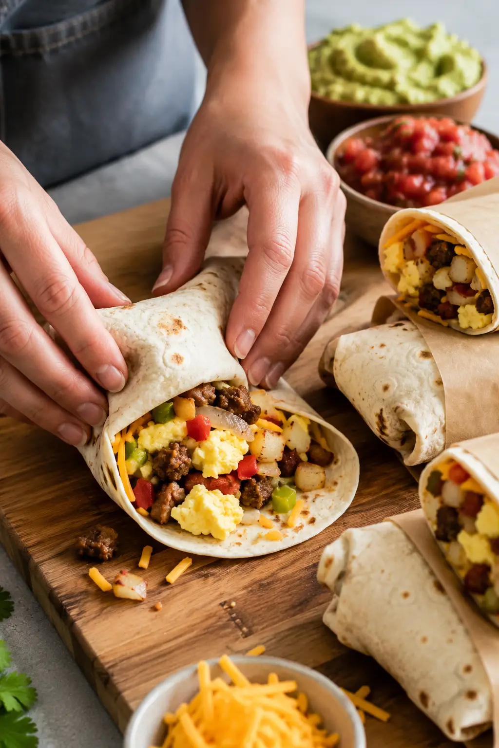 Hands rolling Make-Ahead Breakfast Burritos filled with eggs sausage potatoes cheese and vegetables