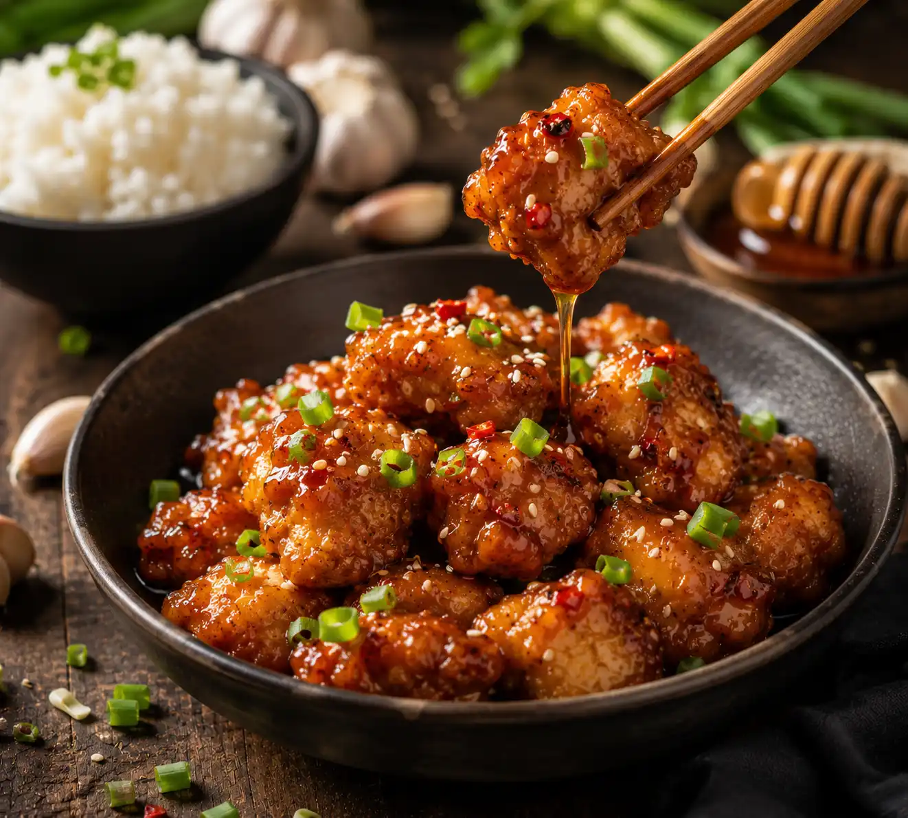 Honey Garlic Chicken Bites served with sticky honey garlic sauce sesame seeds and green onions