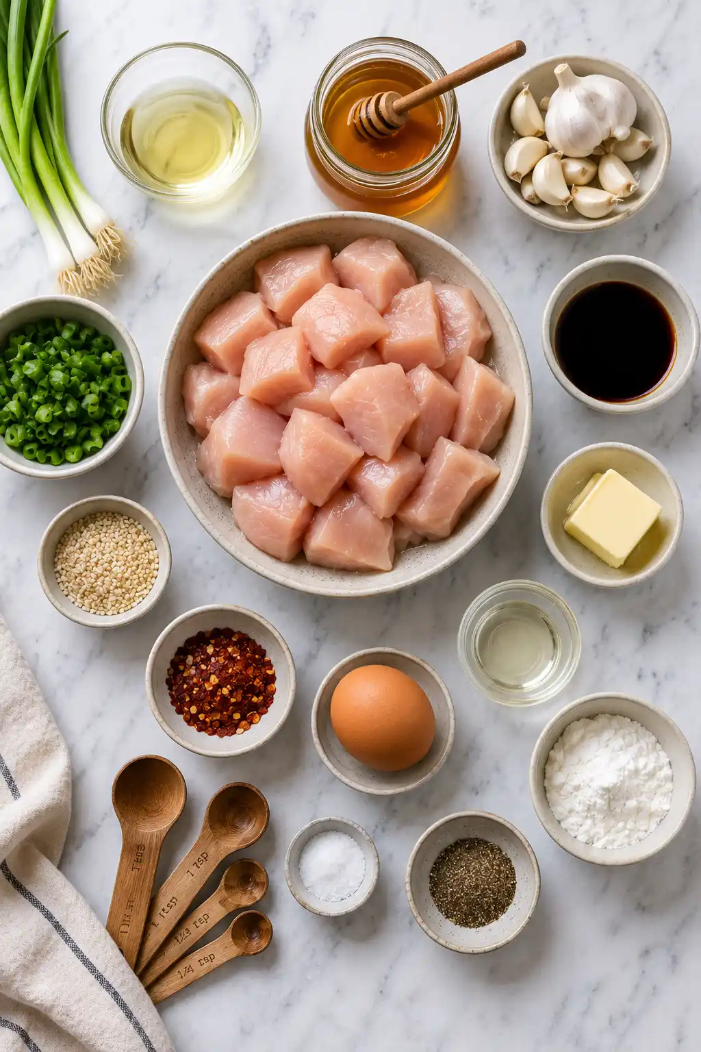 Flat lay of Honey Garlic Chicken Bites ingredients including chicken honey garlic soy sauce butter and cornstarch