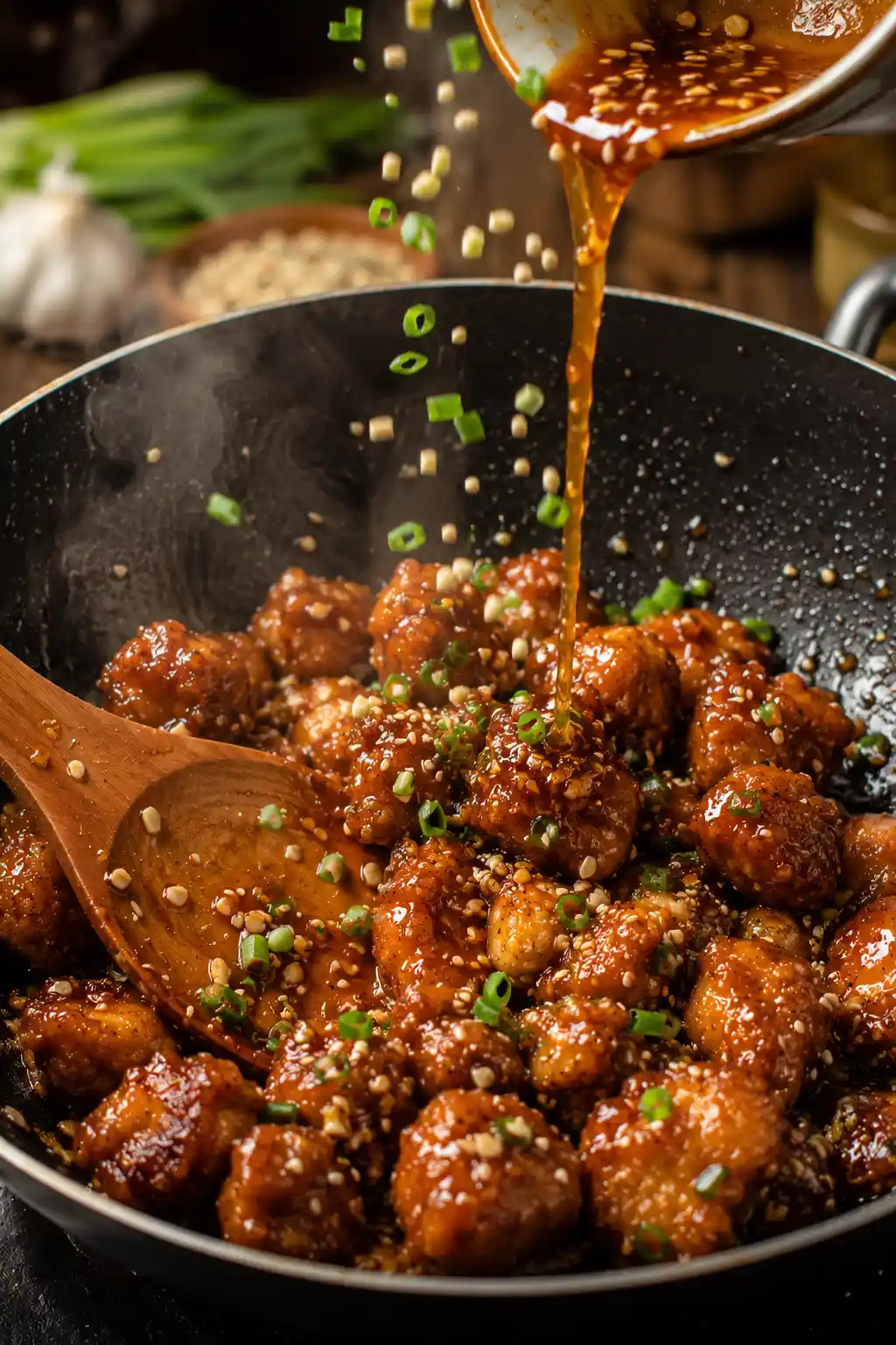 Honey Garlic Chicken Bites being tossed in sticky honey garlic sauce inside a skillet