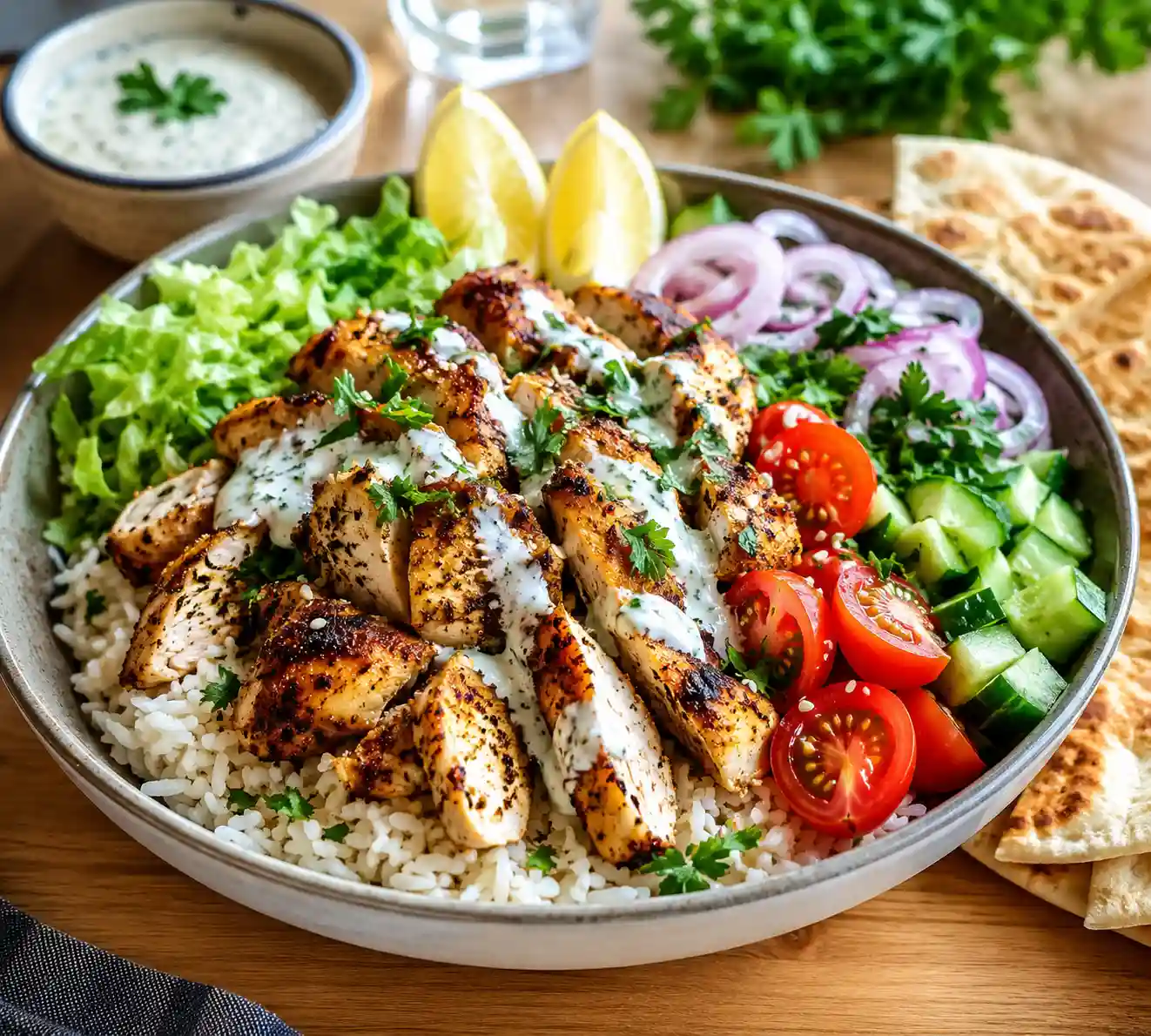 Chicken Shawarma Bowl with spiced chicken basmati rice fresh vegetables and creamy garlic sauce