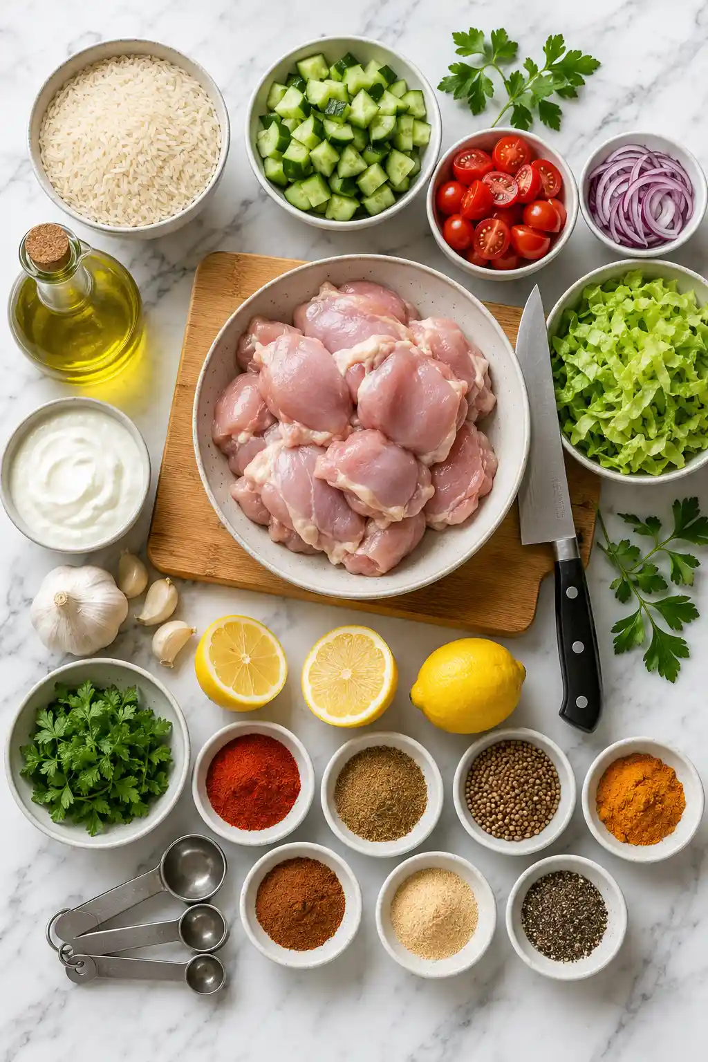 Flat lay ingredients for Chicken Shawarma Bowl including chicken rice vegetables yogurt garlic and Middle Eastern spices
