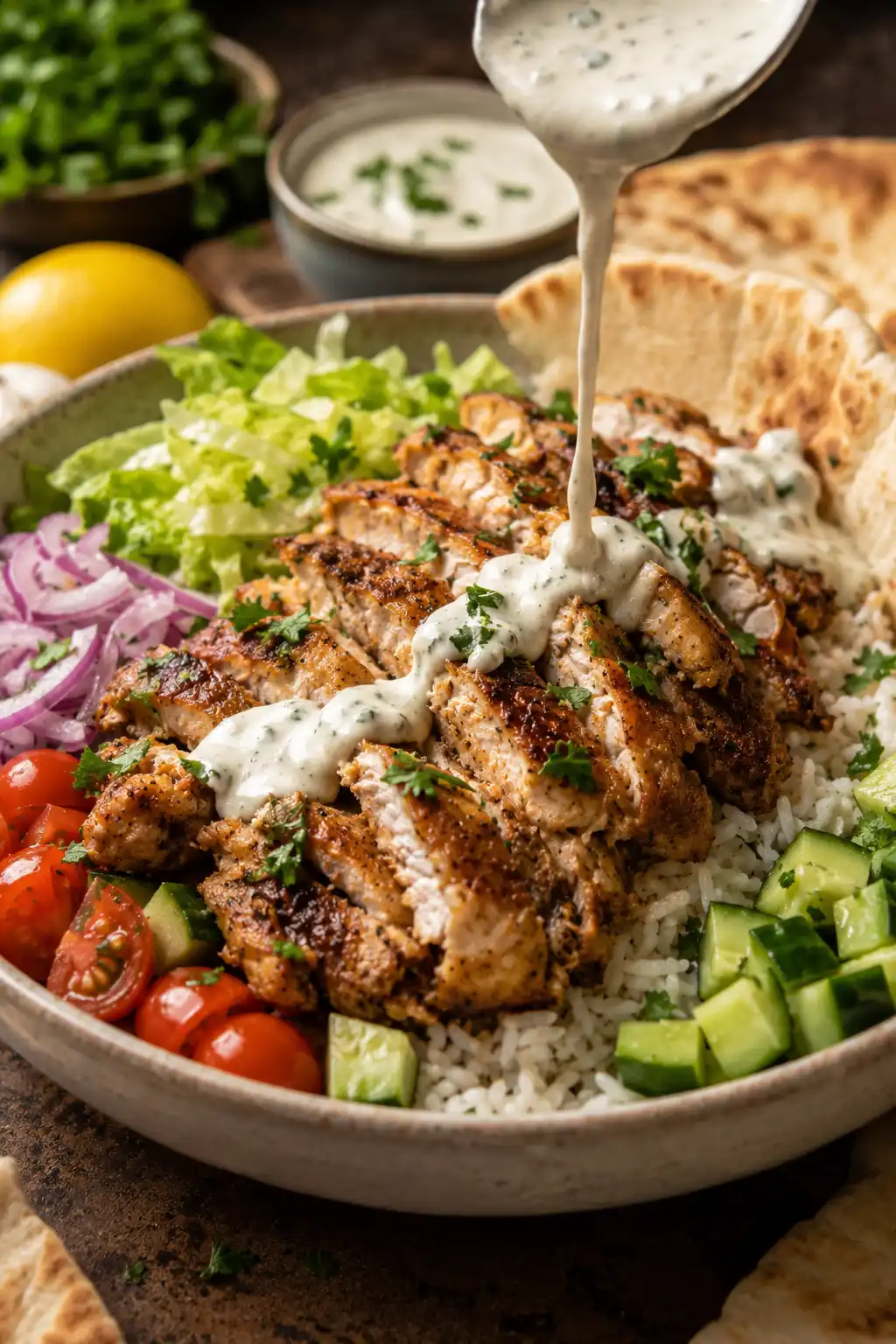Chicken Shawarma Bowl being assembled with grilled chicken rice vegetables and garlic sauce
