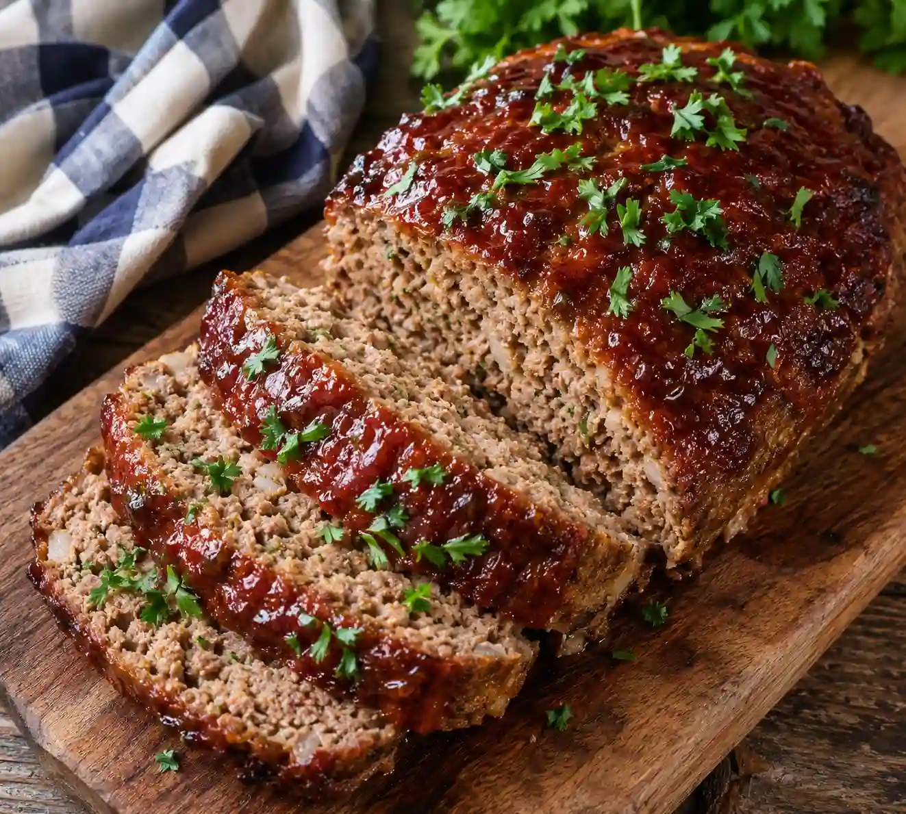 Freshly baked meatloaf glazed with caramelized sauce, sliced open to show a tender juicy interior, garnished with parsley