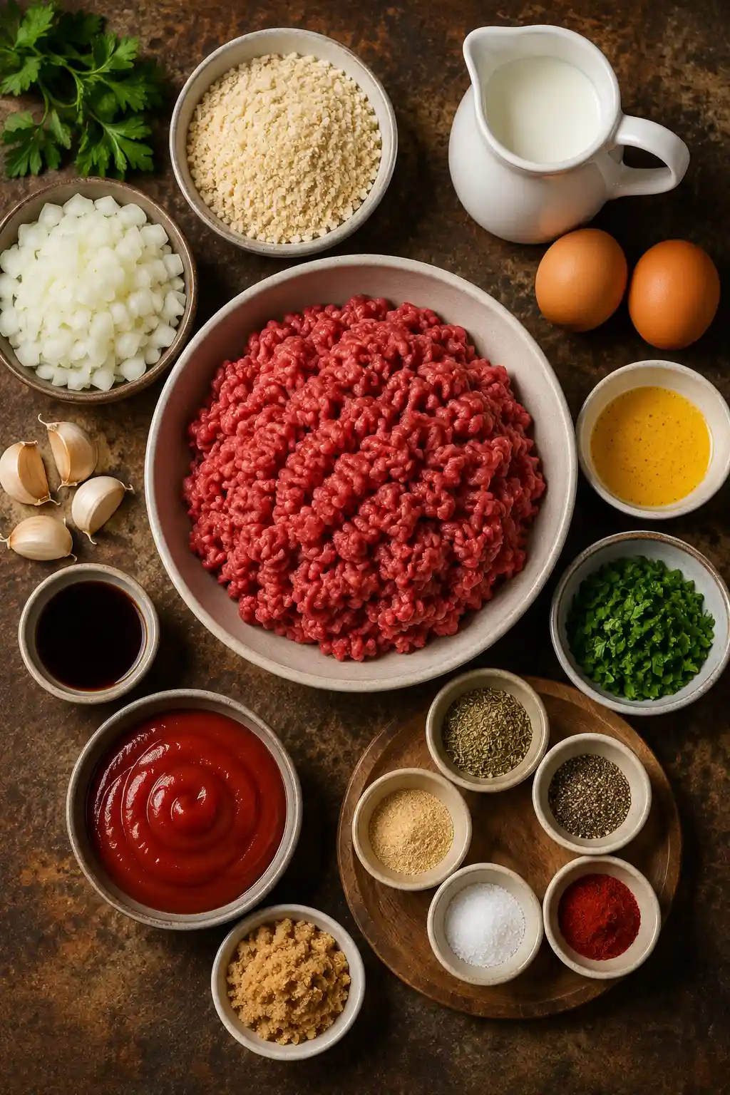 Overhead flat lay of raw meatloaf ingredients including ground beef, breadcrumbs, chopped onion, garlic, eggs, and glaze seasonings