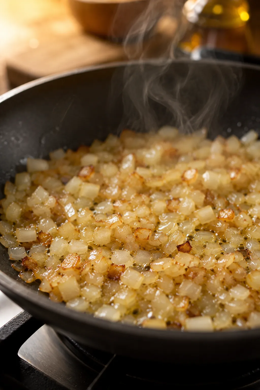 Finely chopped onion sauteing in a skillet until soft and golden for meatloaf recipe