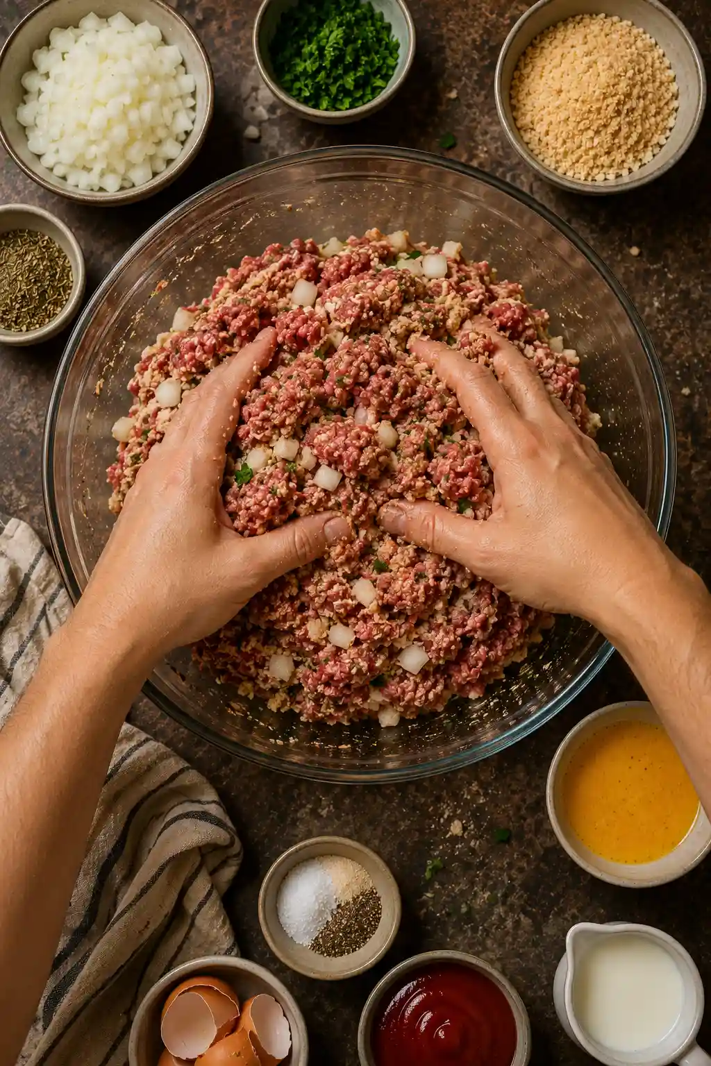 Hands mixing ground beef, breadcrumbs, and seasonings together in a glass bowl to make meatloaf
