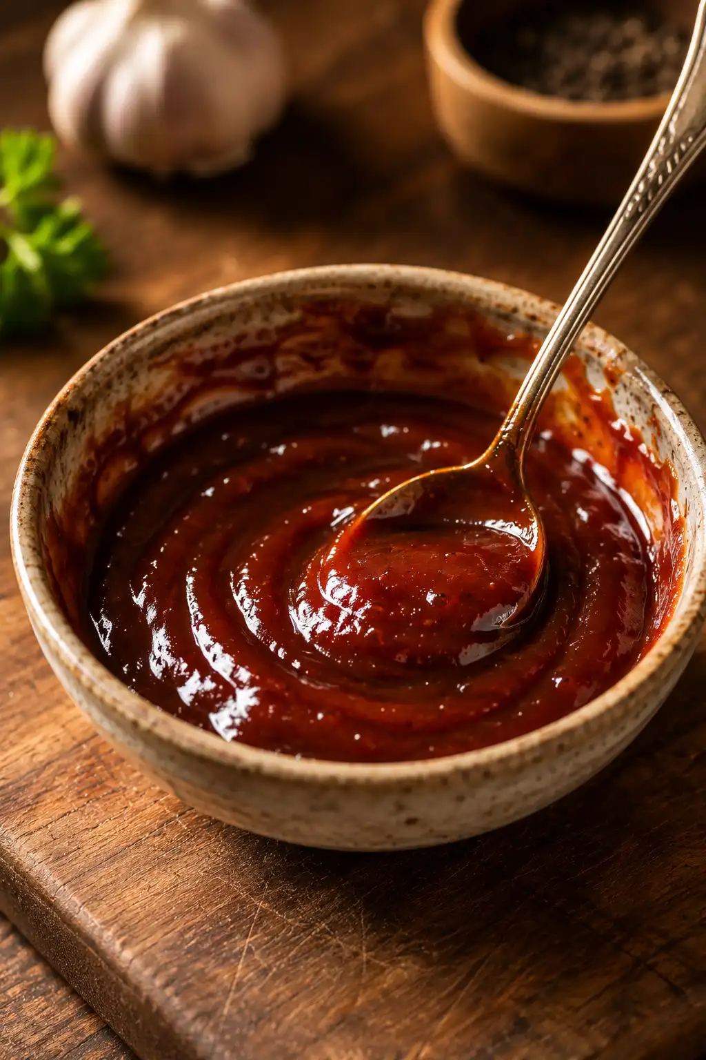 Glossy sweet and tangy meatloaf glaze made with ketchup, brown sugar, and vinegar in a small bowl